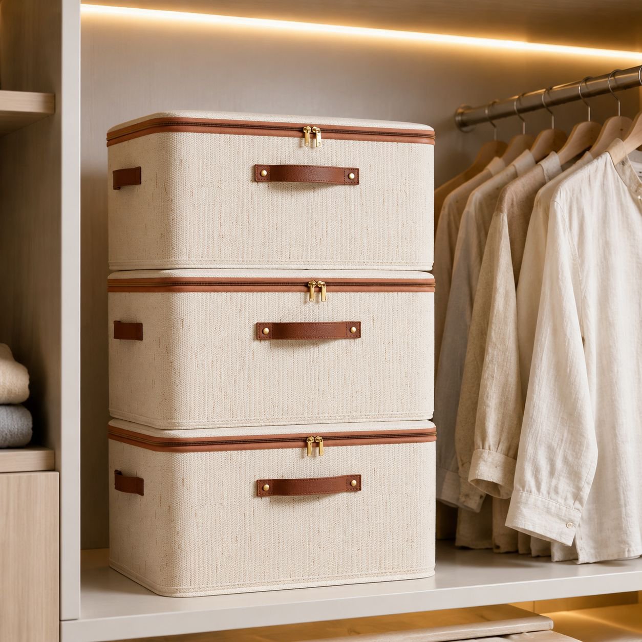 Stackable foldable boxes for wardrobe and shelf organization