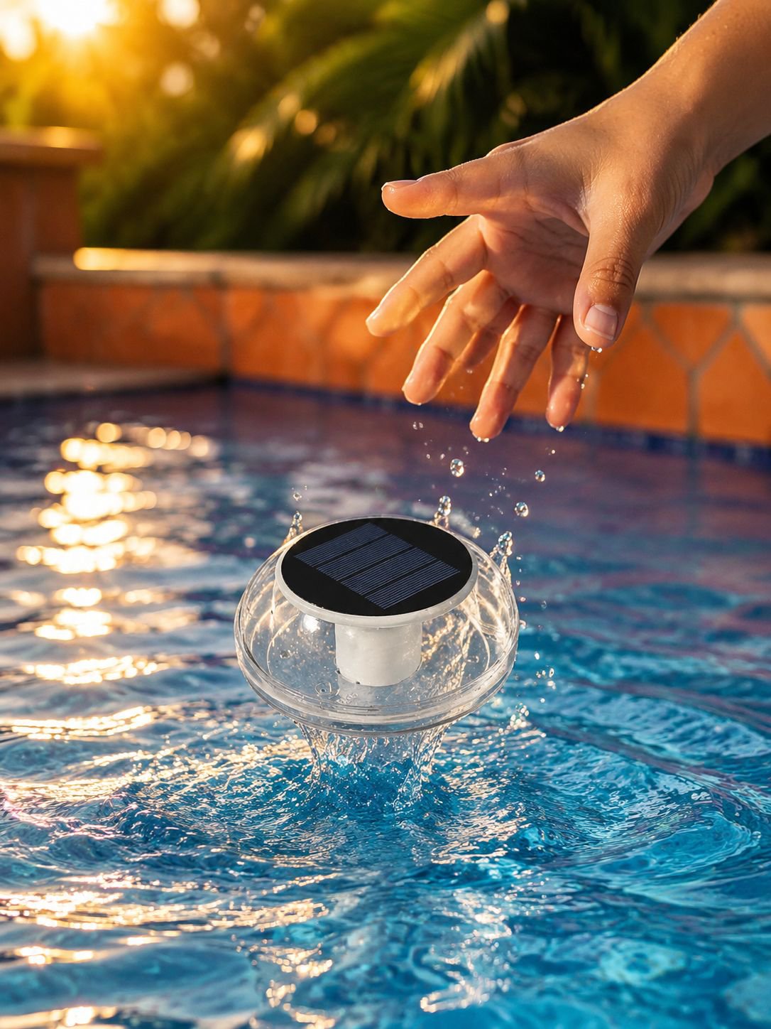 Ambiente nocturno con luces flotantes solares en piscina