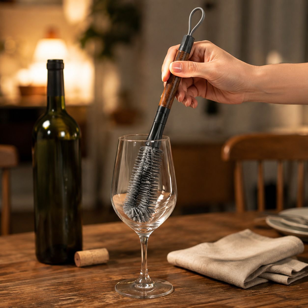 Flexible cup brush reaching inside a narrow bottle