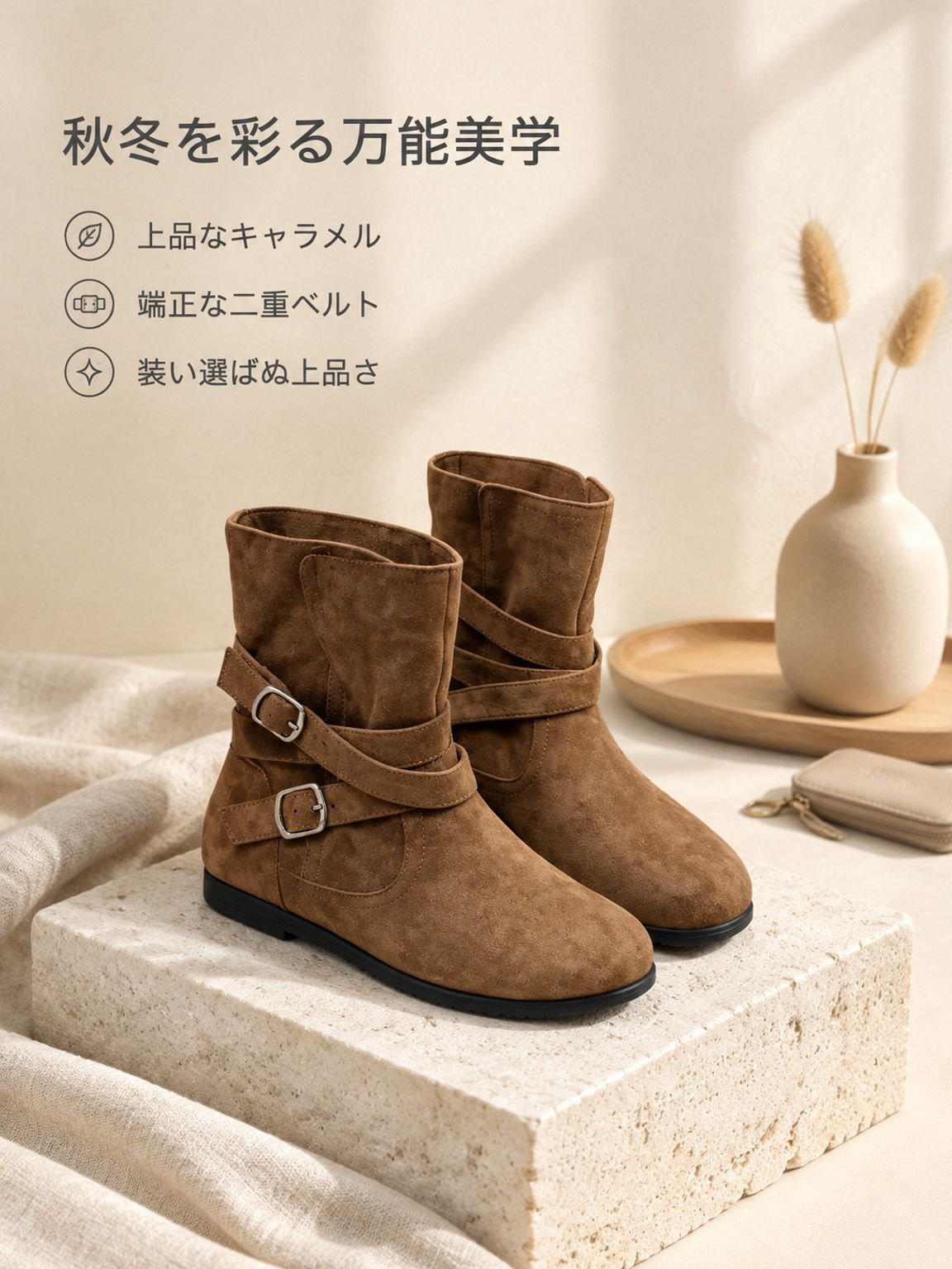 秋冬用インヒール・ブラウンショートブーツ　どんな服にも合わせやすいファッションブーツ