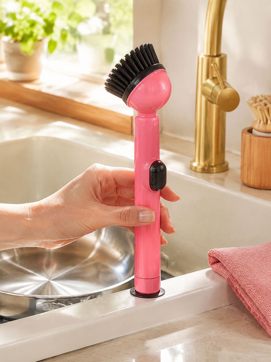 User holding dopamine cleaning brush for scrubbing