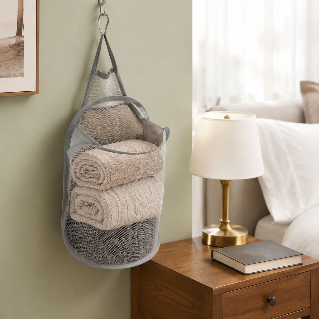 Foldable wall-mounted laundry basket, self-adhesive, no-drill mesh fabric laundry bag, bathroom laun
