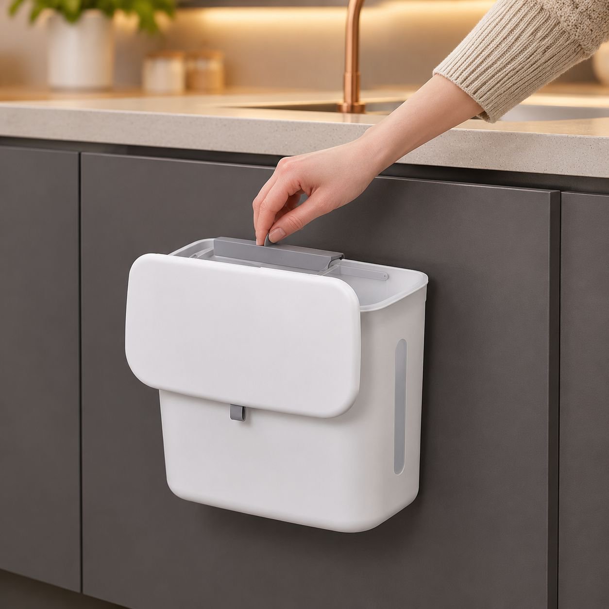 Cubo de basura colgante para puerta de gabinete de cocina, separación seco-húmedo, tapa deslizante