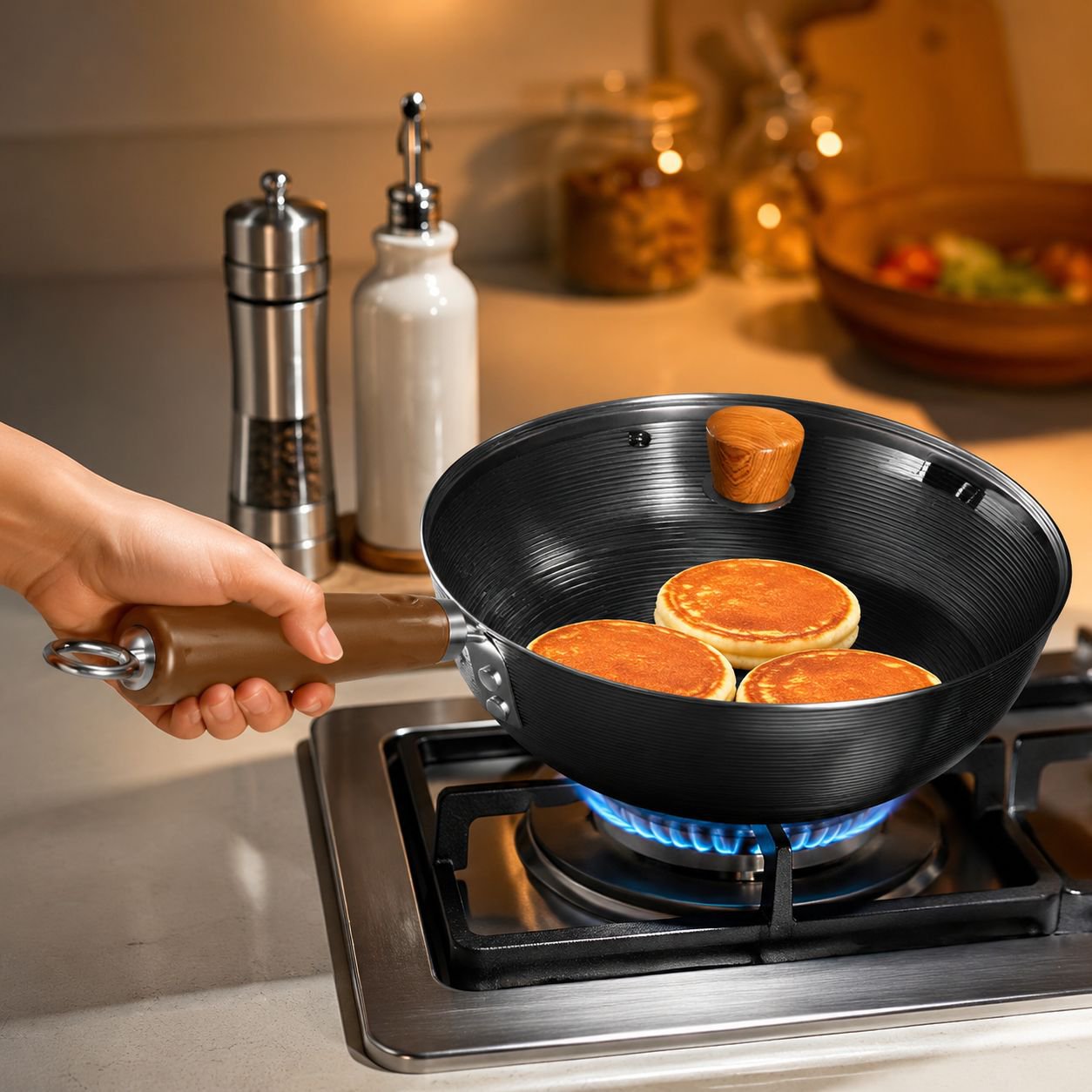 Small iron pan cooking pancakes on stove