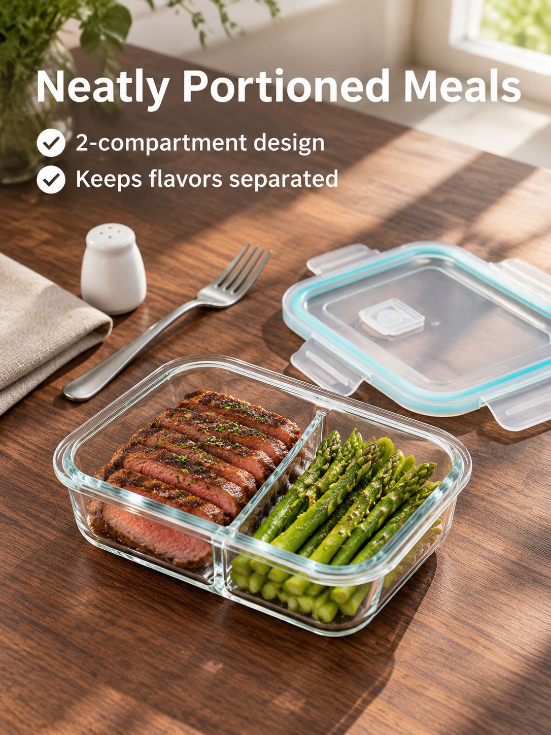 Microwave-safe divided glass bento lunch box with lid