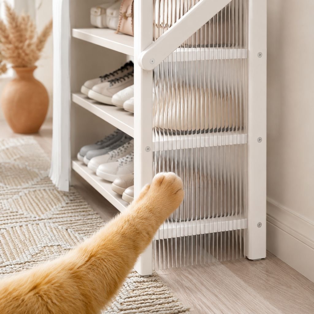 Foldable shoe rack displaying multiple pairs of shoes