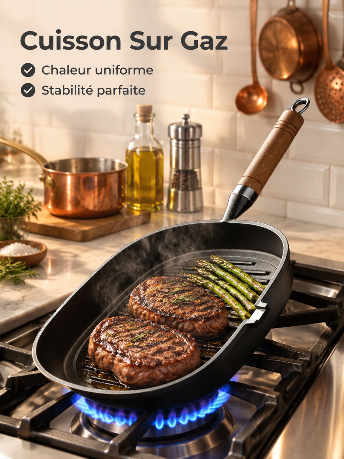 Poêle à steak en fonte avec poignée résistante