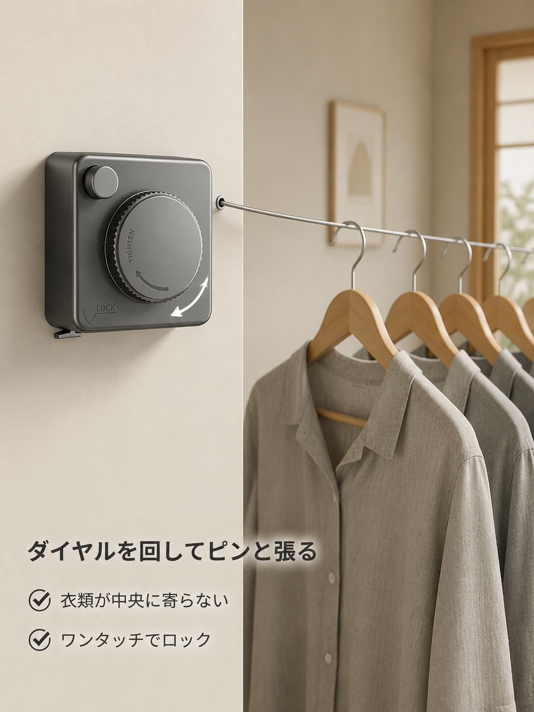 穴あけ不要・家庭用ステンレスワイヤー隠し物干しロープ