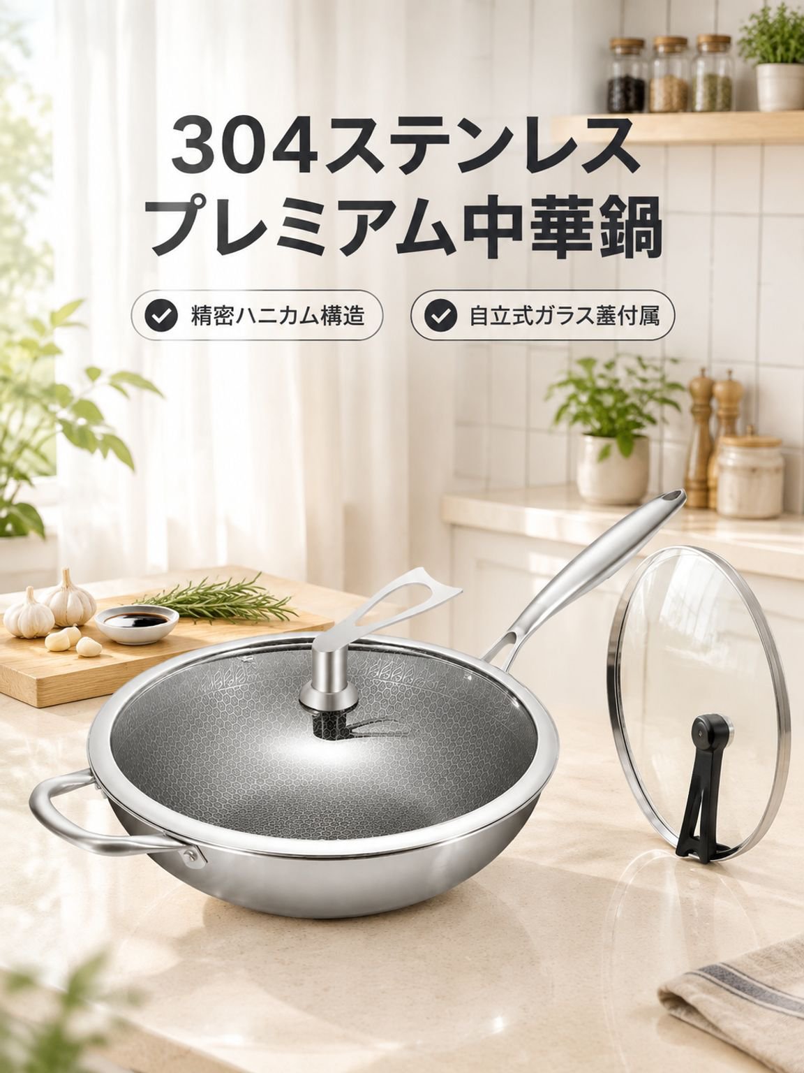 304ステンレス鋼製ハニカム構造のこびりつきにくい中華鍋、IH調理器対応