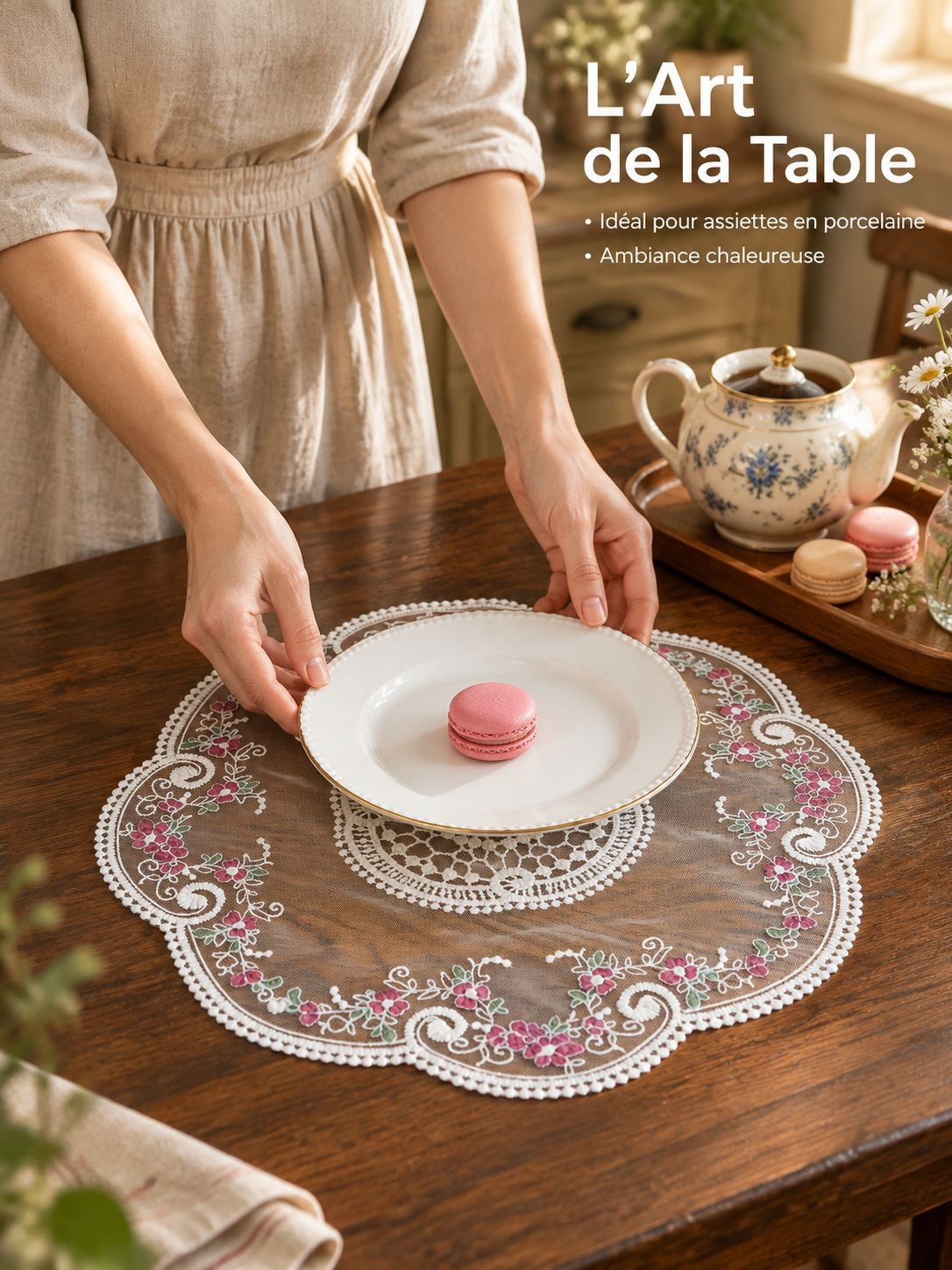 Tapis de table en tissu décoratif et rustique avec broderie en dentelle française style 