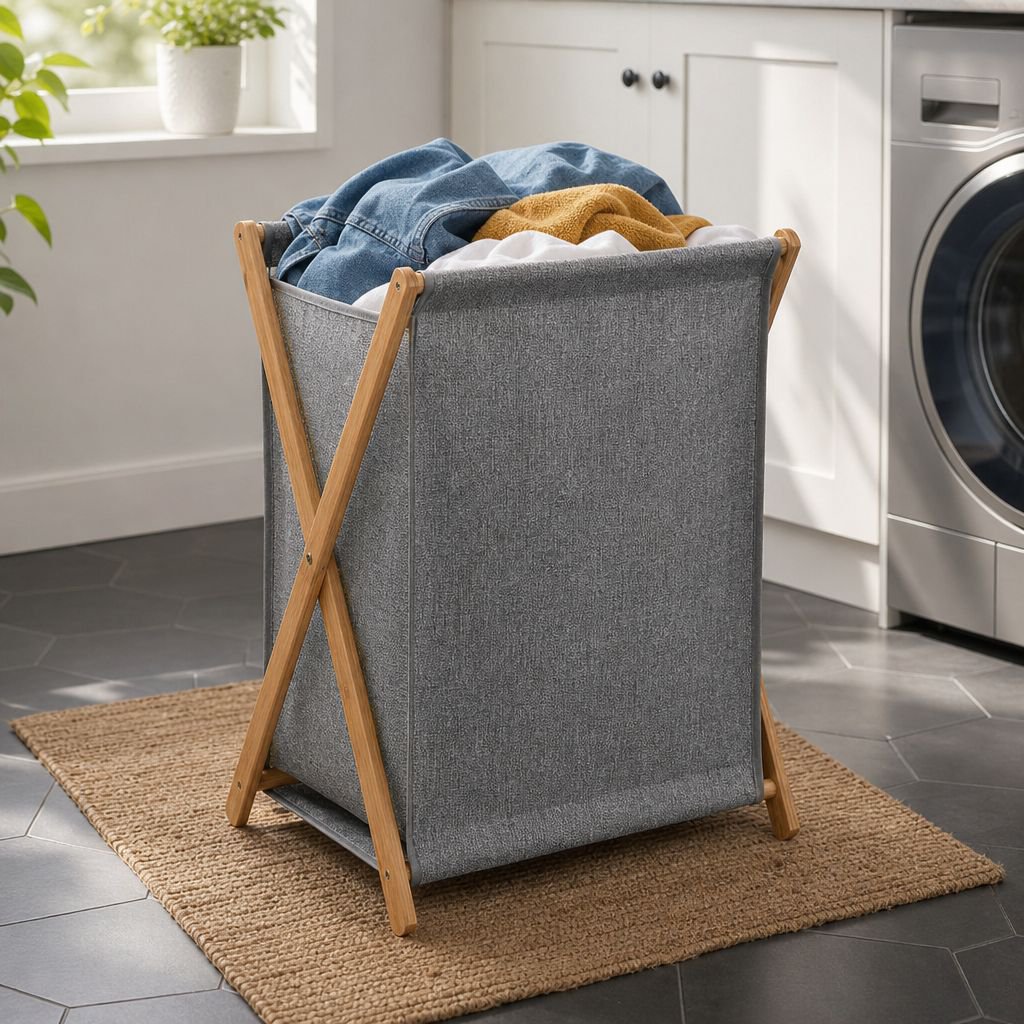 Cesta de ropa plegable de bambú y PVC ecológico para el hogar