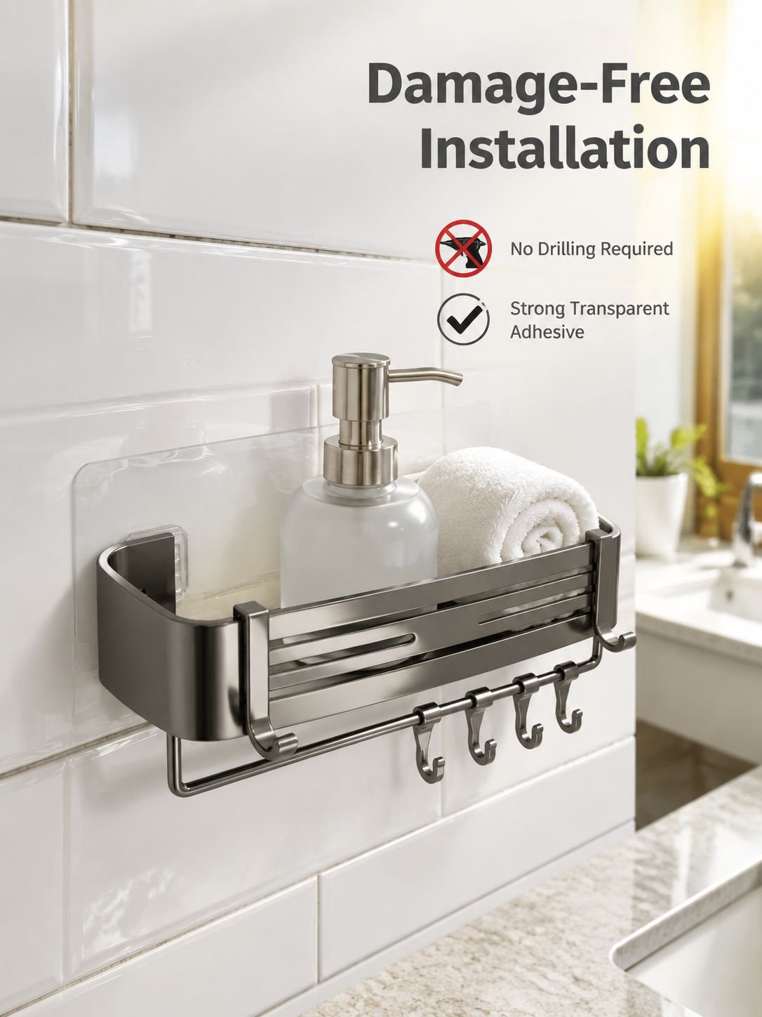 No-Drill Rectangular Bathroom Shelf