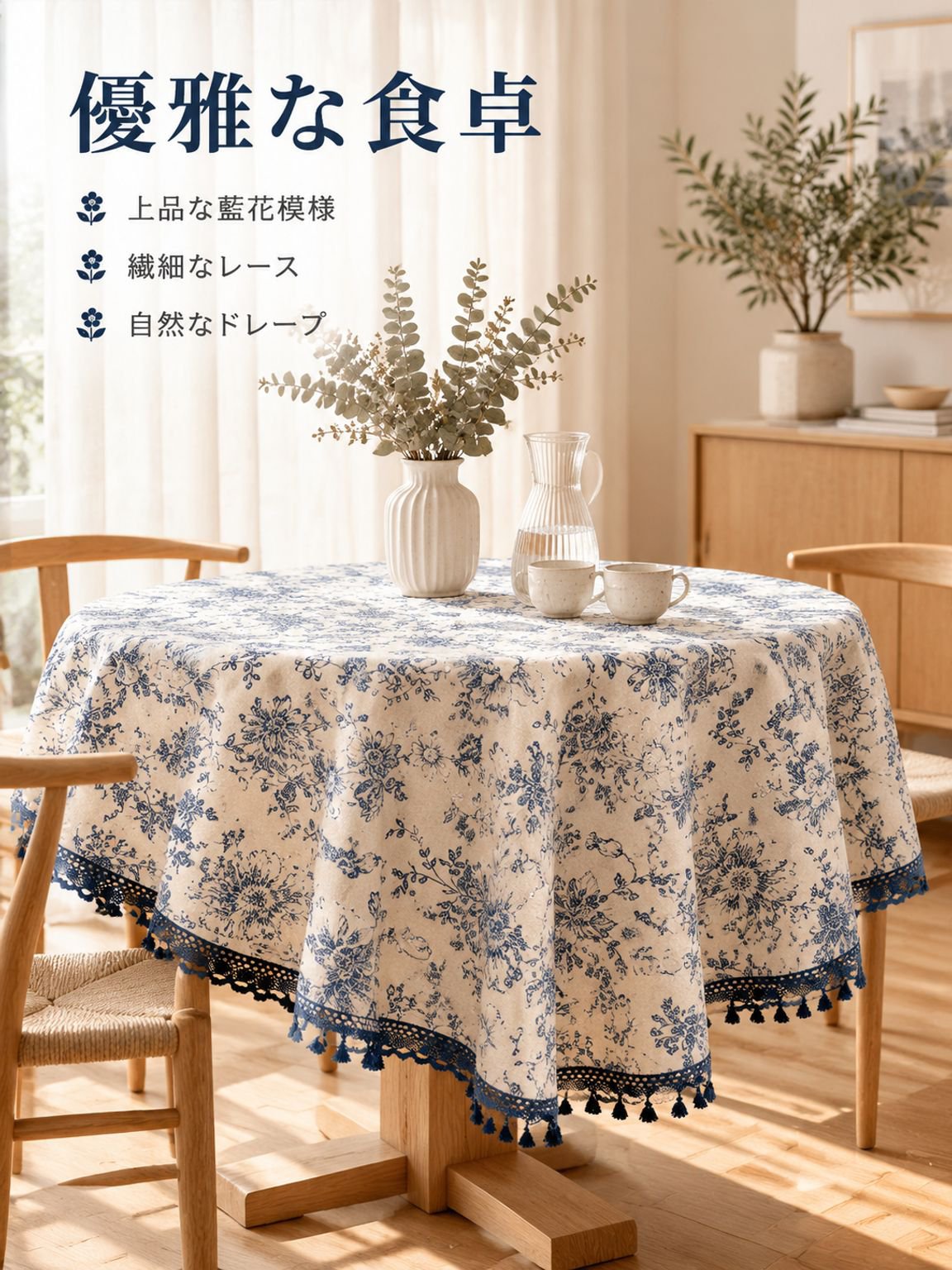 青いバラ柄のテーブルクロス