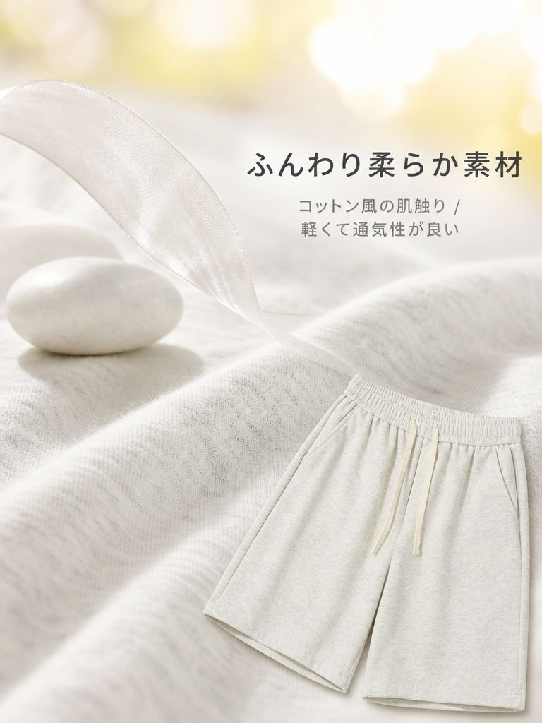 ソフトコットン風ウエストドローストリングワイドレッグカジュアルショートパンツ