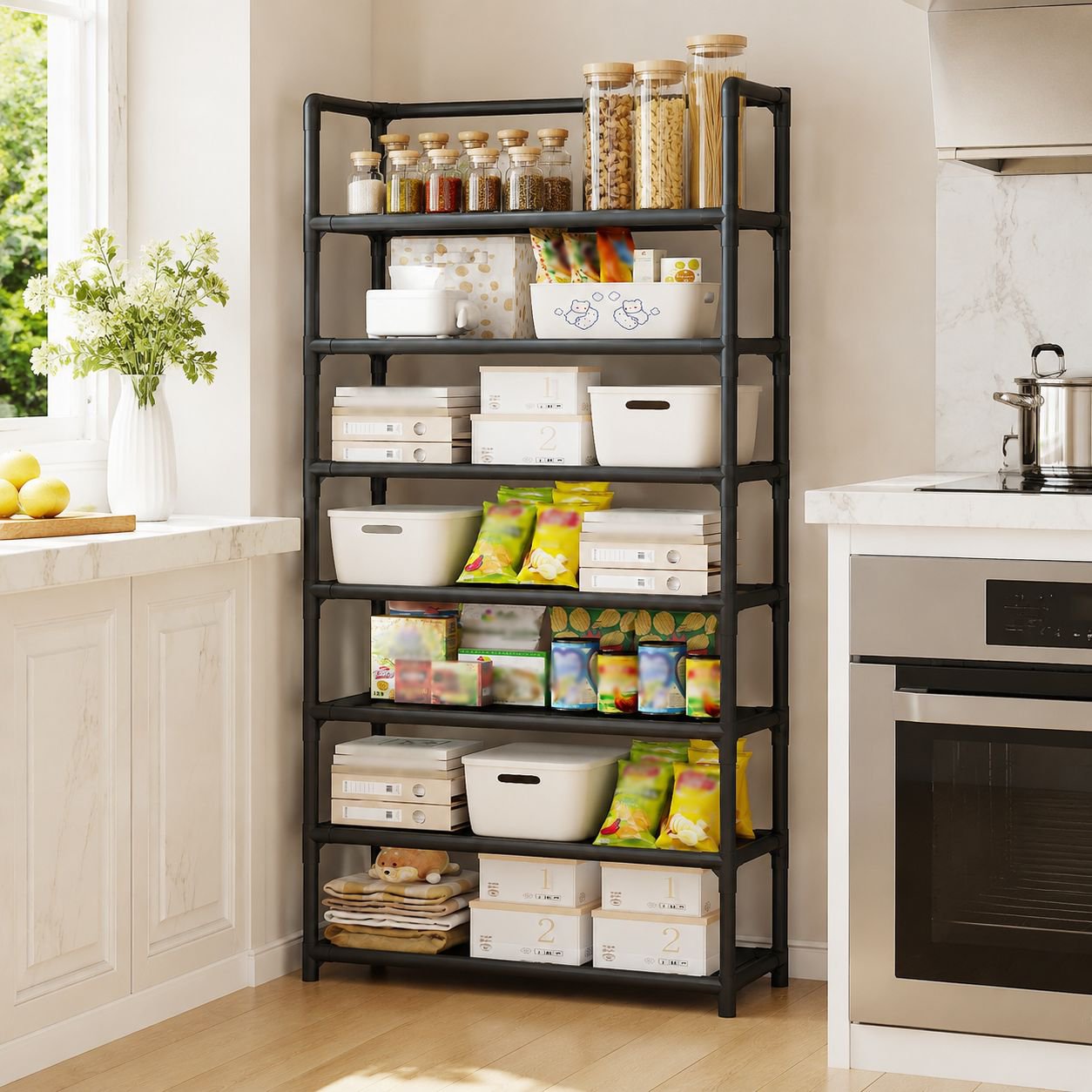 Home shelf organizer with multiple tiers