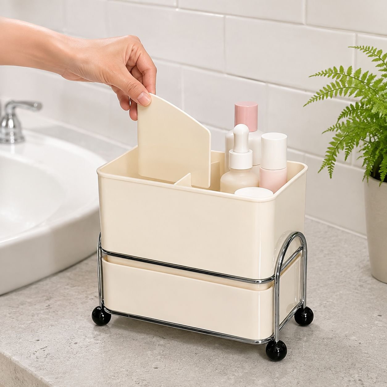 Organized workspace with multi-purpose storage rack