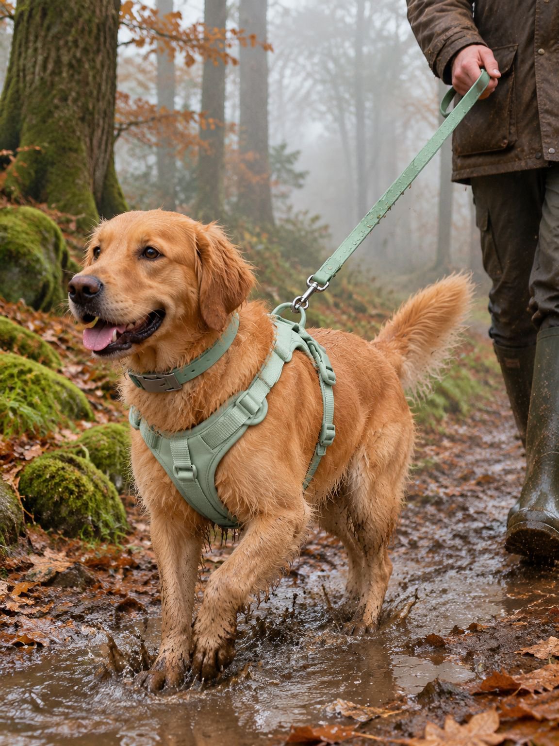 Dog wearing an adjustable collar with matching leash