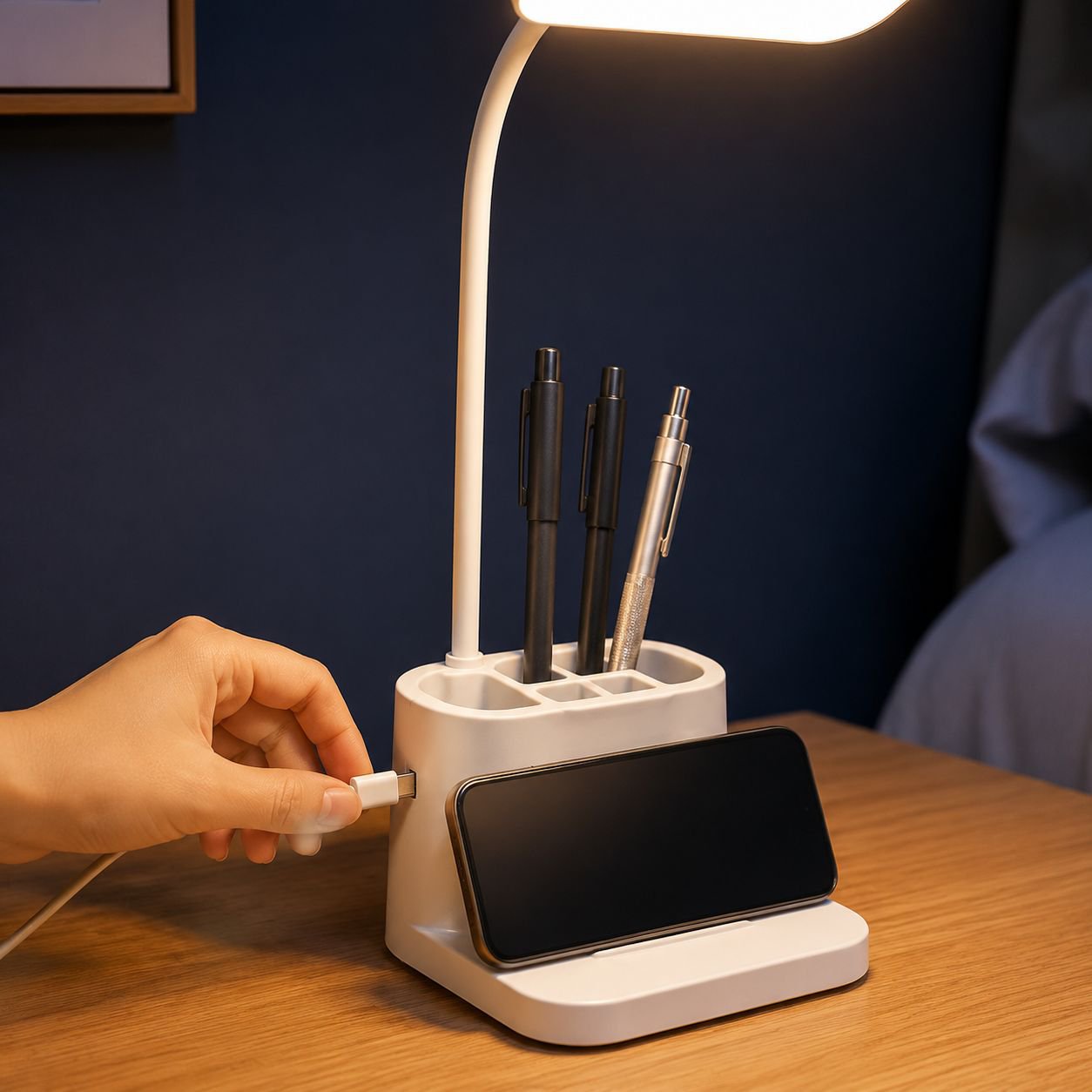 Modern desk lamp with pen storage compartment