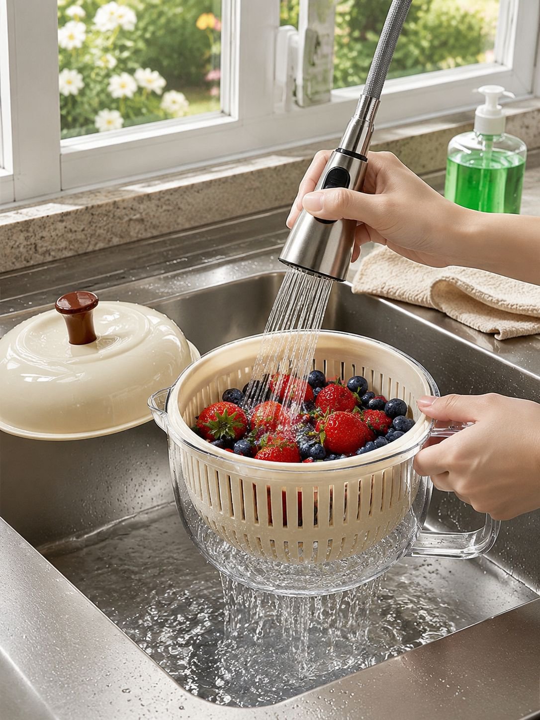 Detalle del escurridor de cocina de plástico grueso