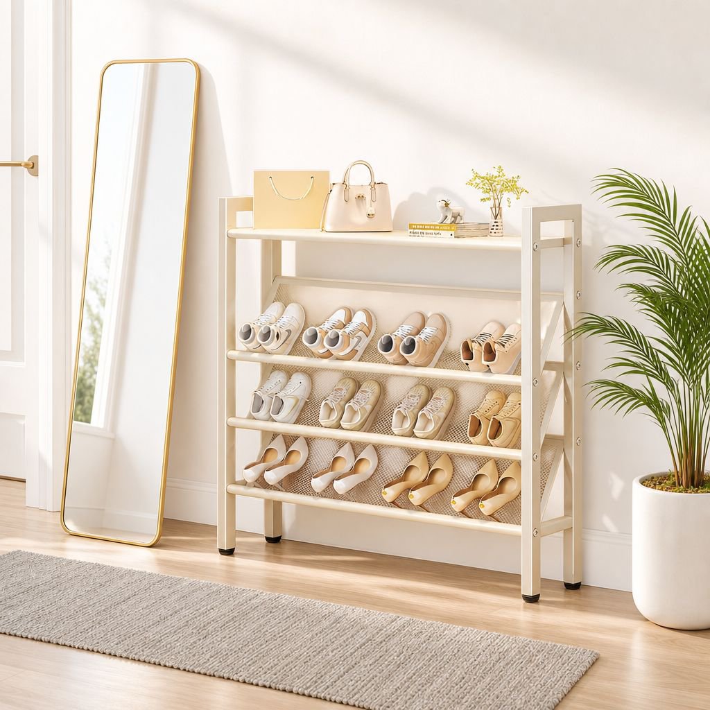 Slim Entryway Shoe Cabinet Behind Narrow Door, Ultra-thin Tilted Mesh Breathable Shoe Rack