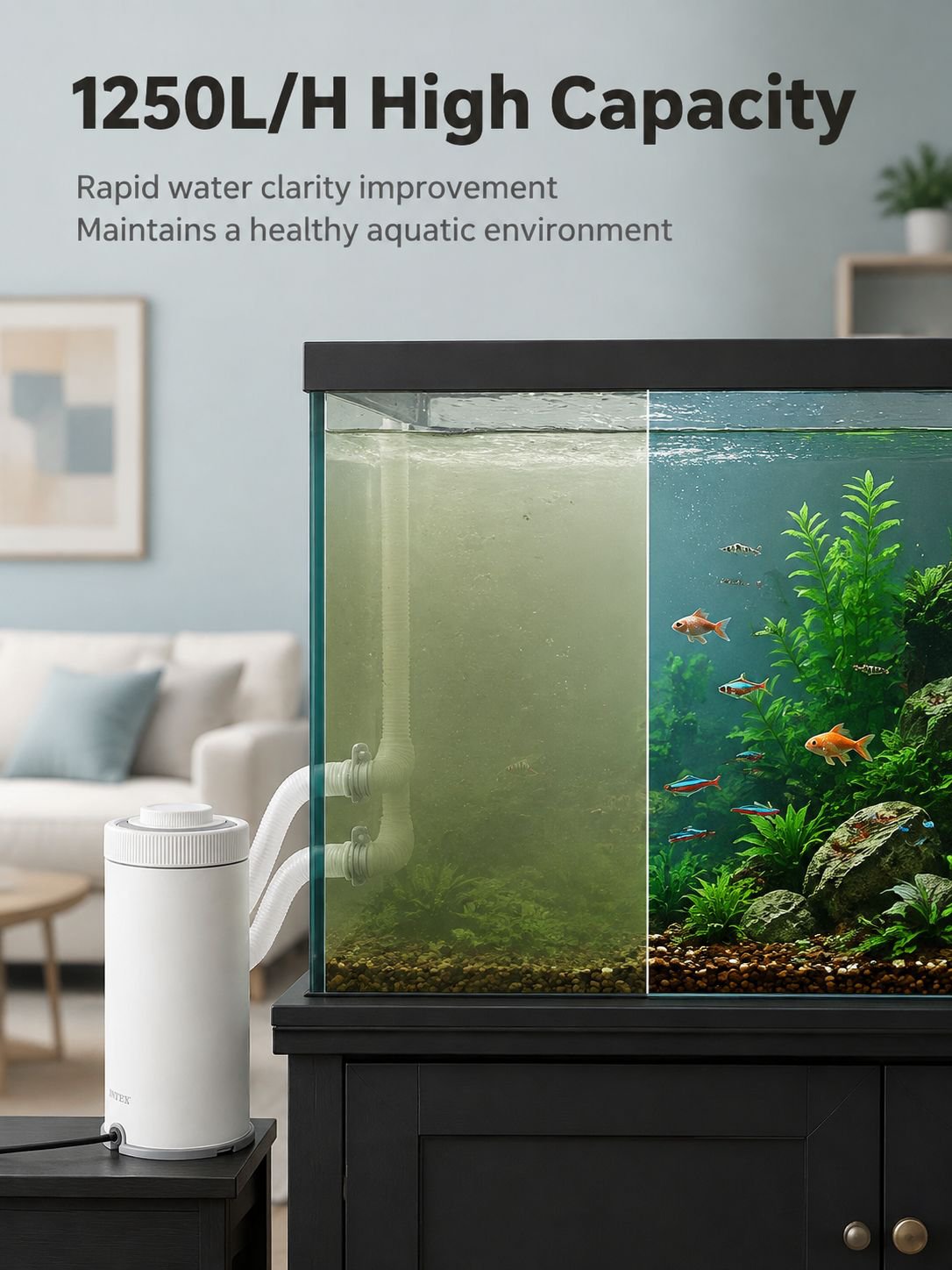 Crystal-clear fish tank water using filter pump purifier