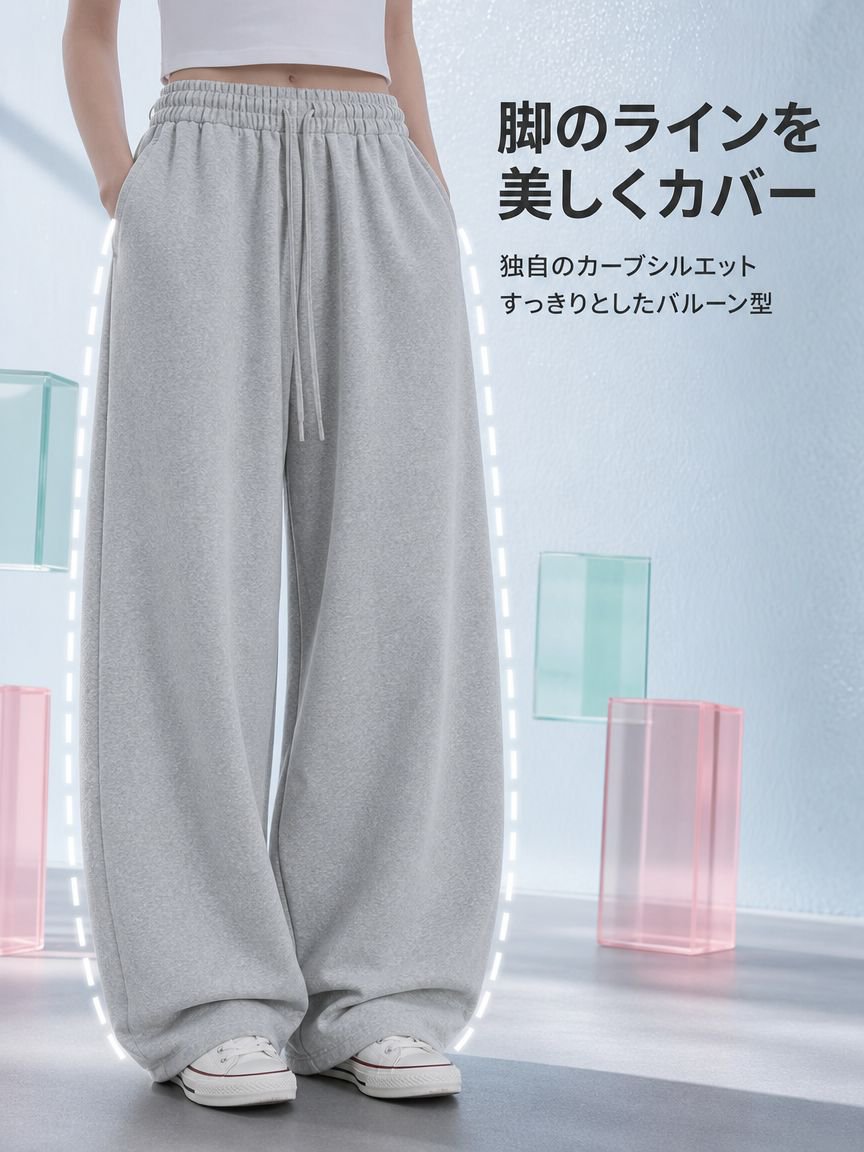 ゆったりとしたワイドレッグのスウェットパンツデザイン