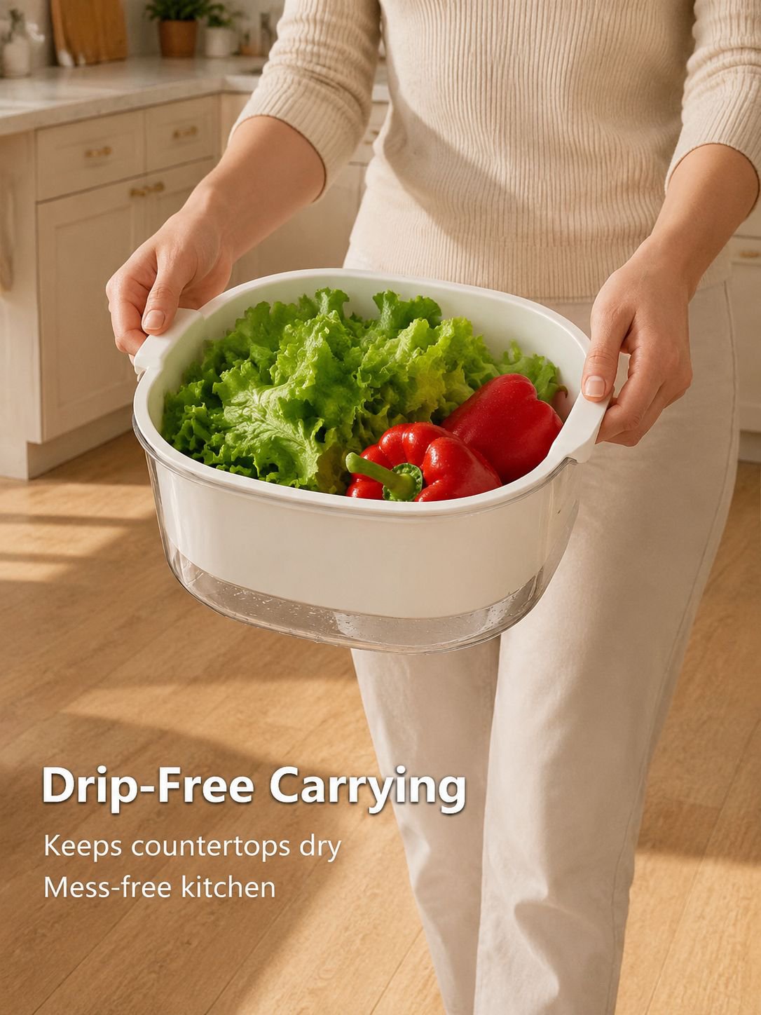 Vegetable and fruit washing basket in use