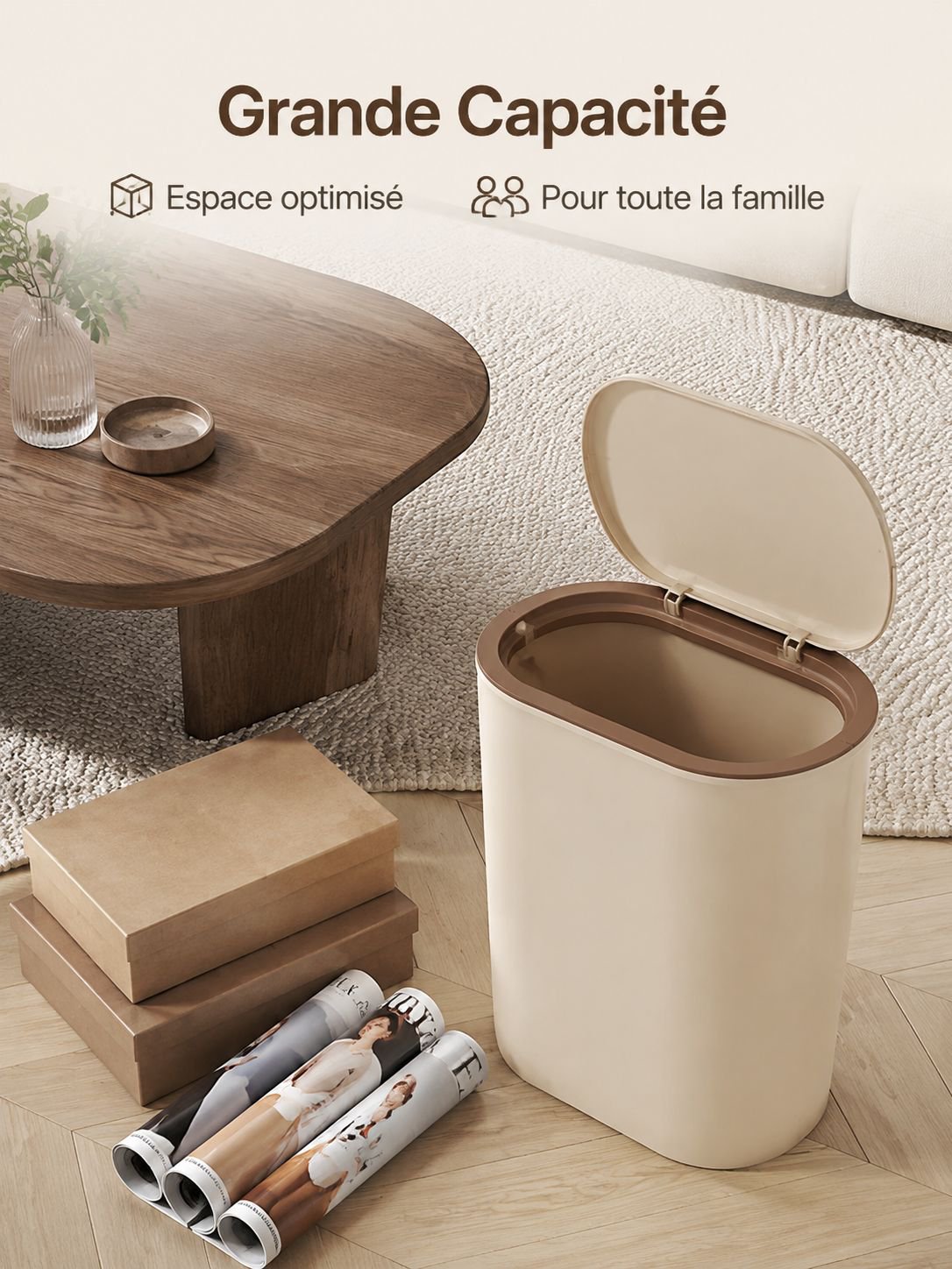 Poubelle domestique anti-odeur avec couvercle, grande capacité, bac de rangement pour salon