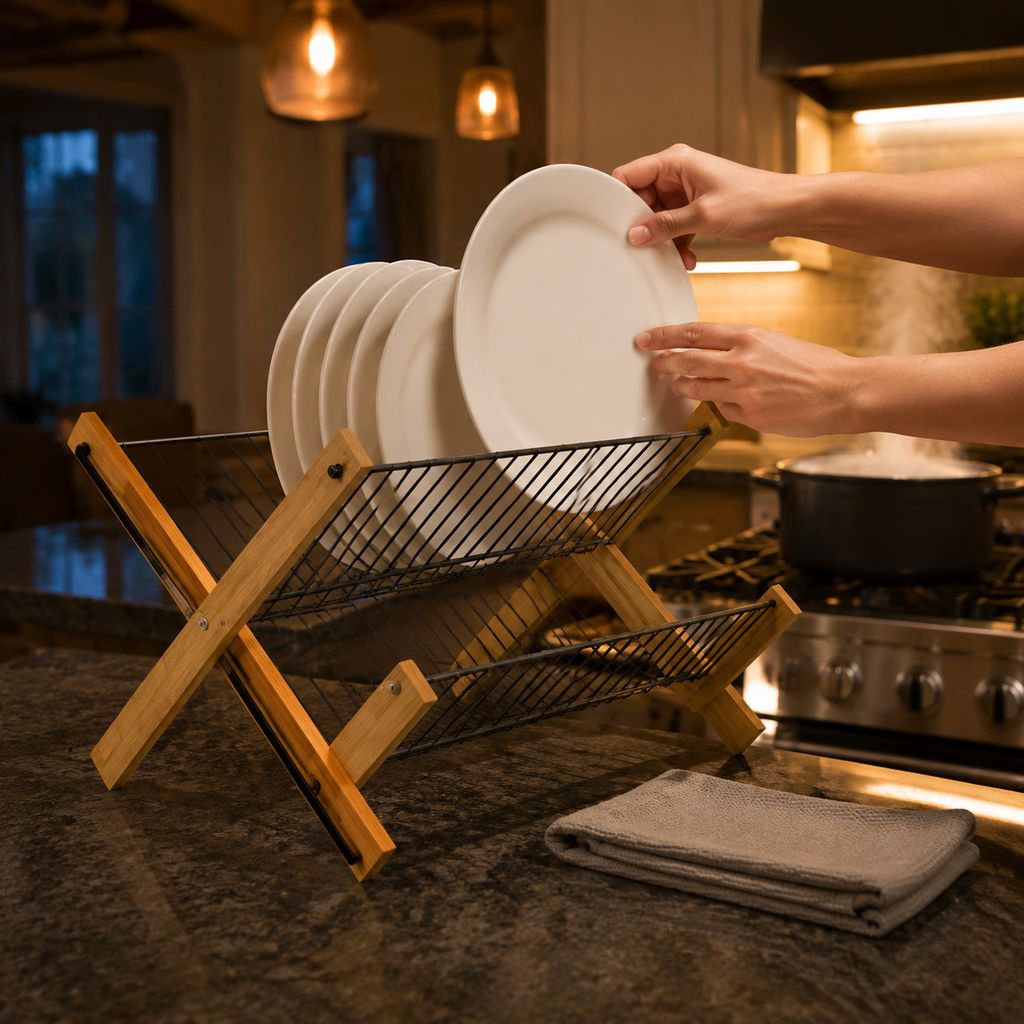 Compact bamboo dish holder for small kitchens