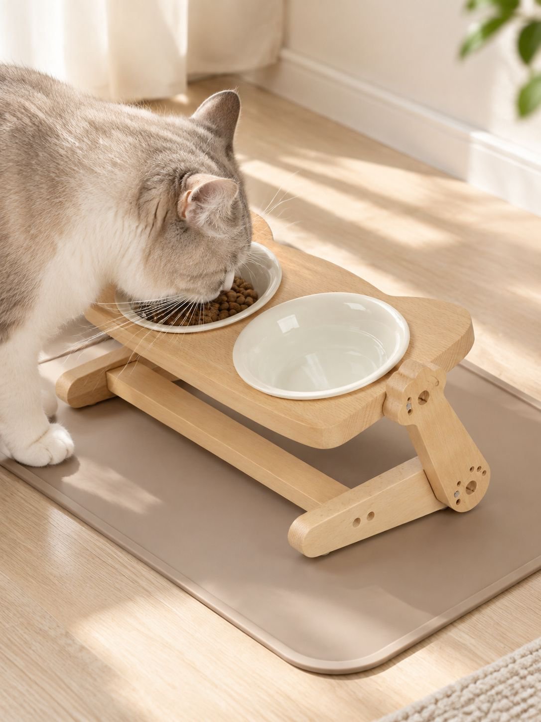 Katzenständer aus natürlichem Buchenholz mit weißem Keramiknapf