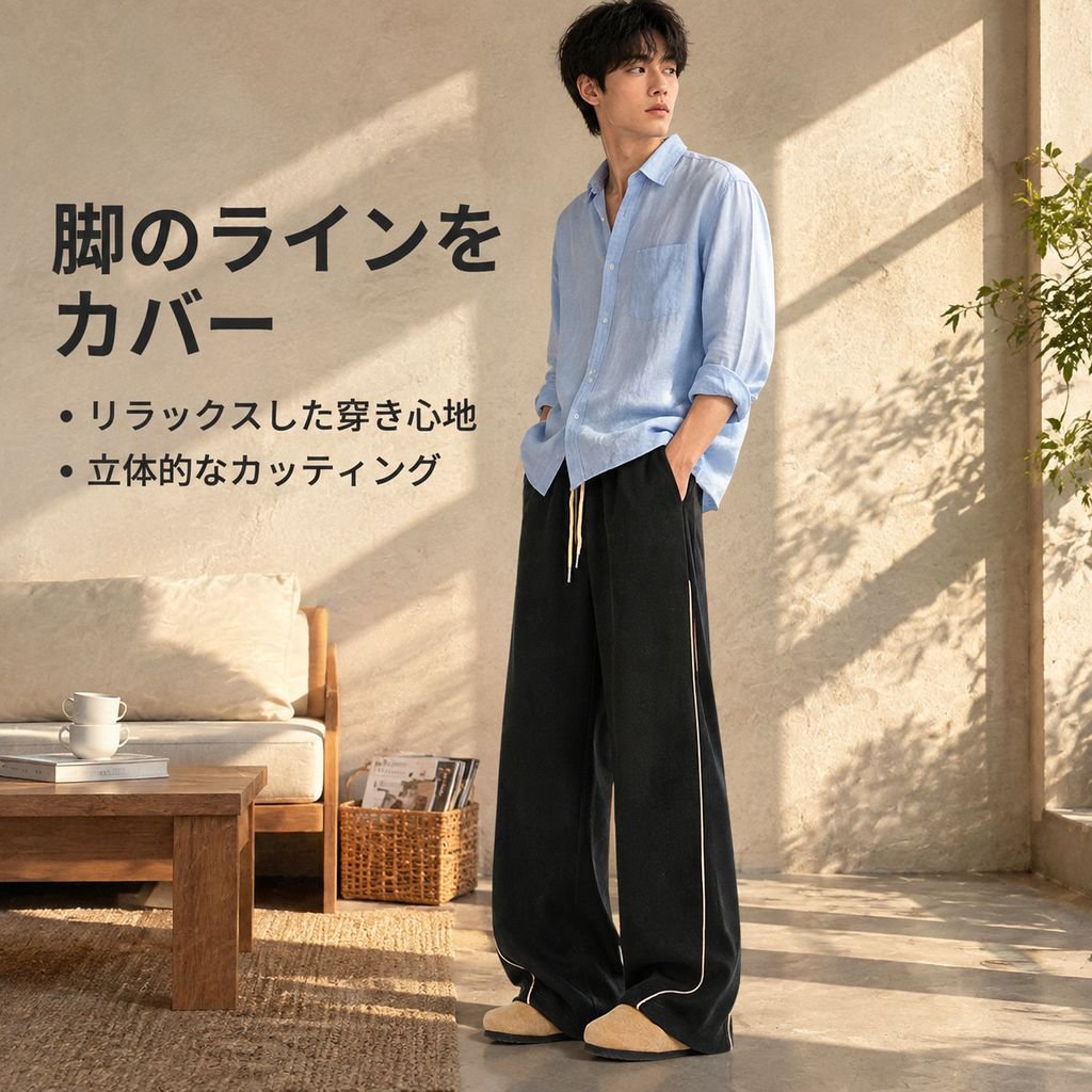 ゆったりシルエットのドレープ感ワイドパンツ
