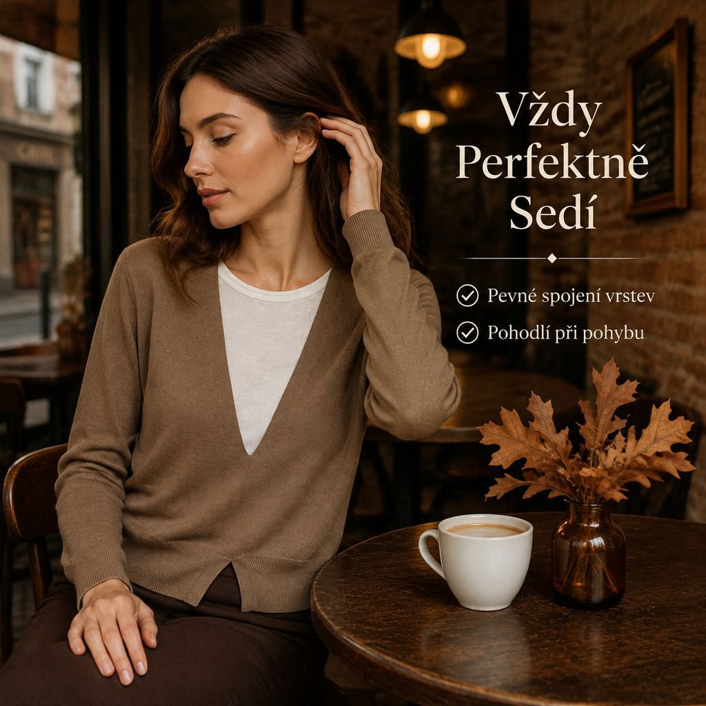Dámské podzimní pletené tričko s dlouhým rukávem a vrstveným V výstřihem