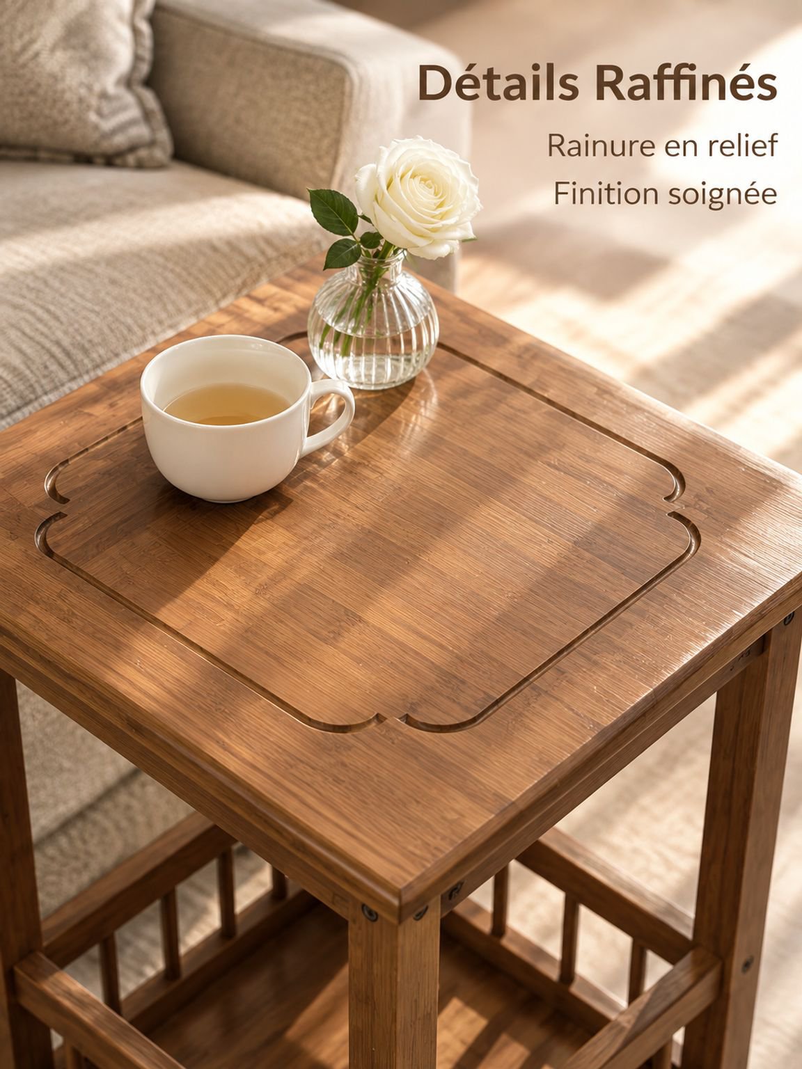 Petite table basse utilisée comme bout de canapé dans le salon