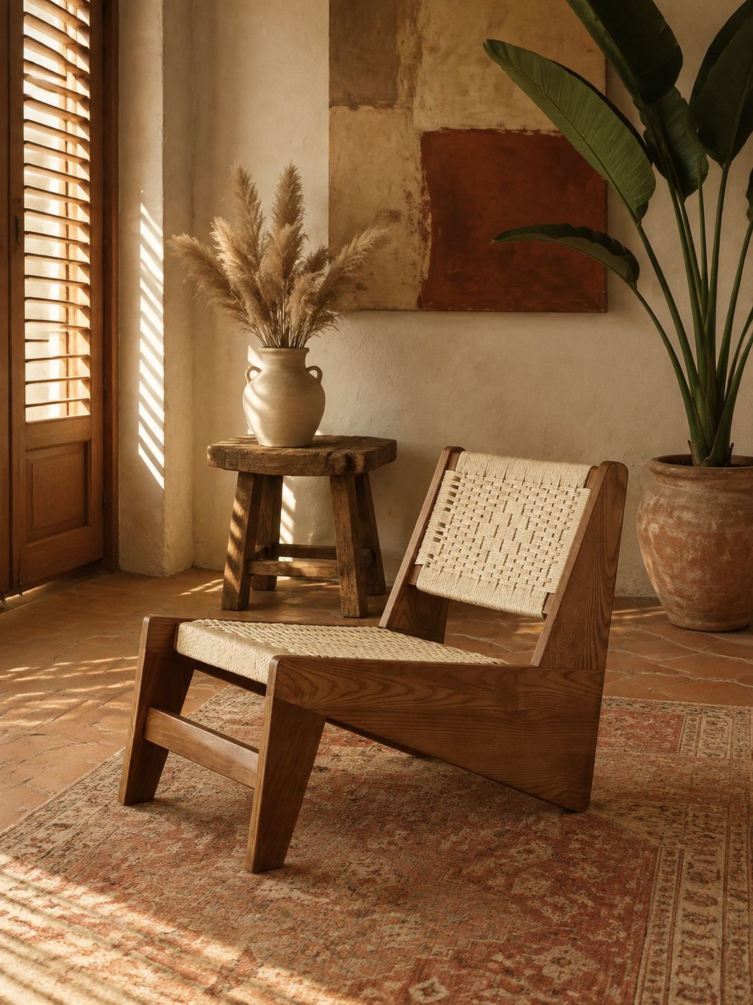 Massiver Holzsessel im Vintage-Wabi-Sabi-Stil mit geflochtener Sitzfläche