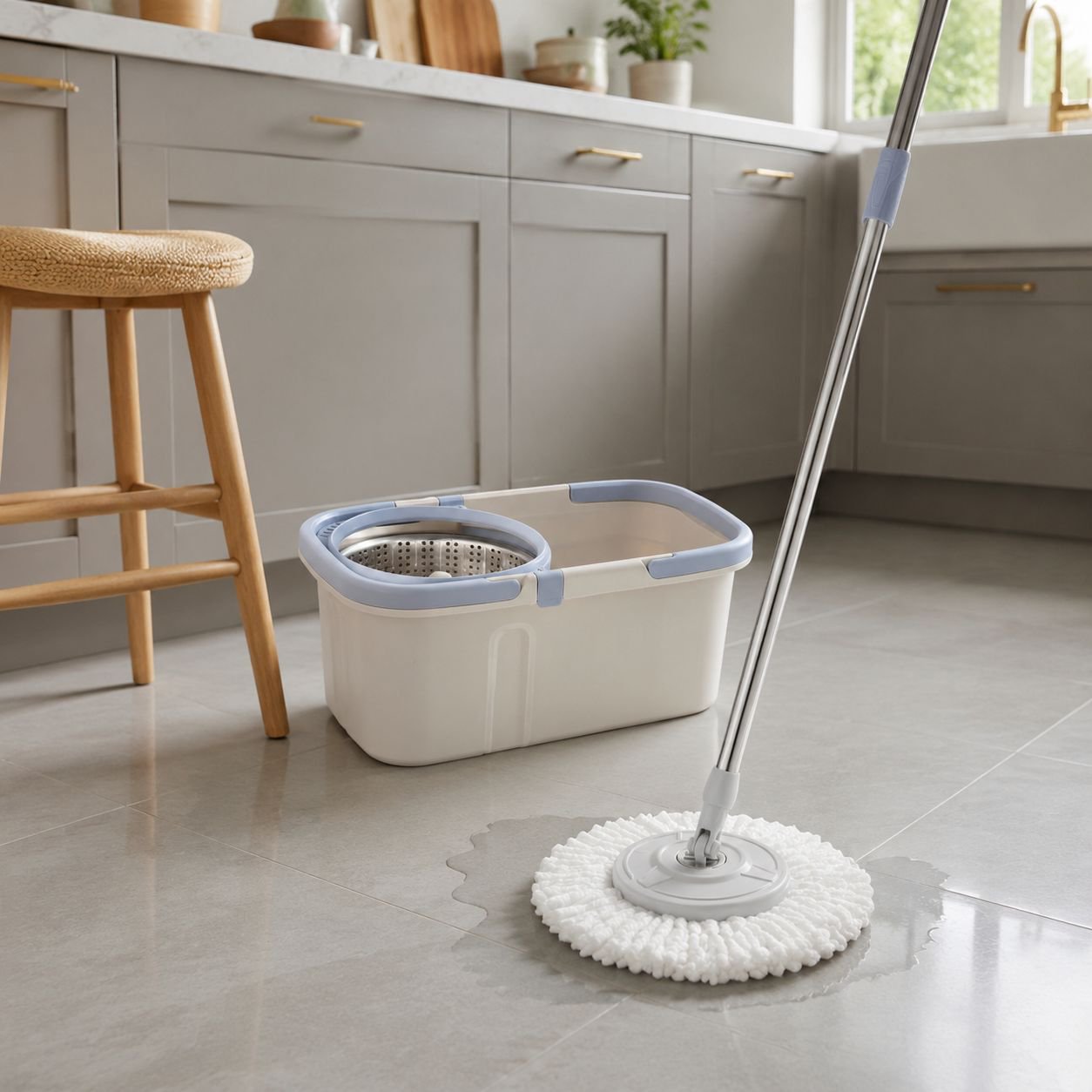 Ergonomic handle design on hand-free mop bucket