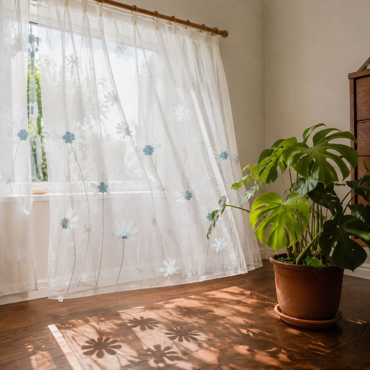 Window screen with chrysanthemum embroidery, simple and transparent modern fabric, suitable for livi