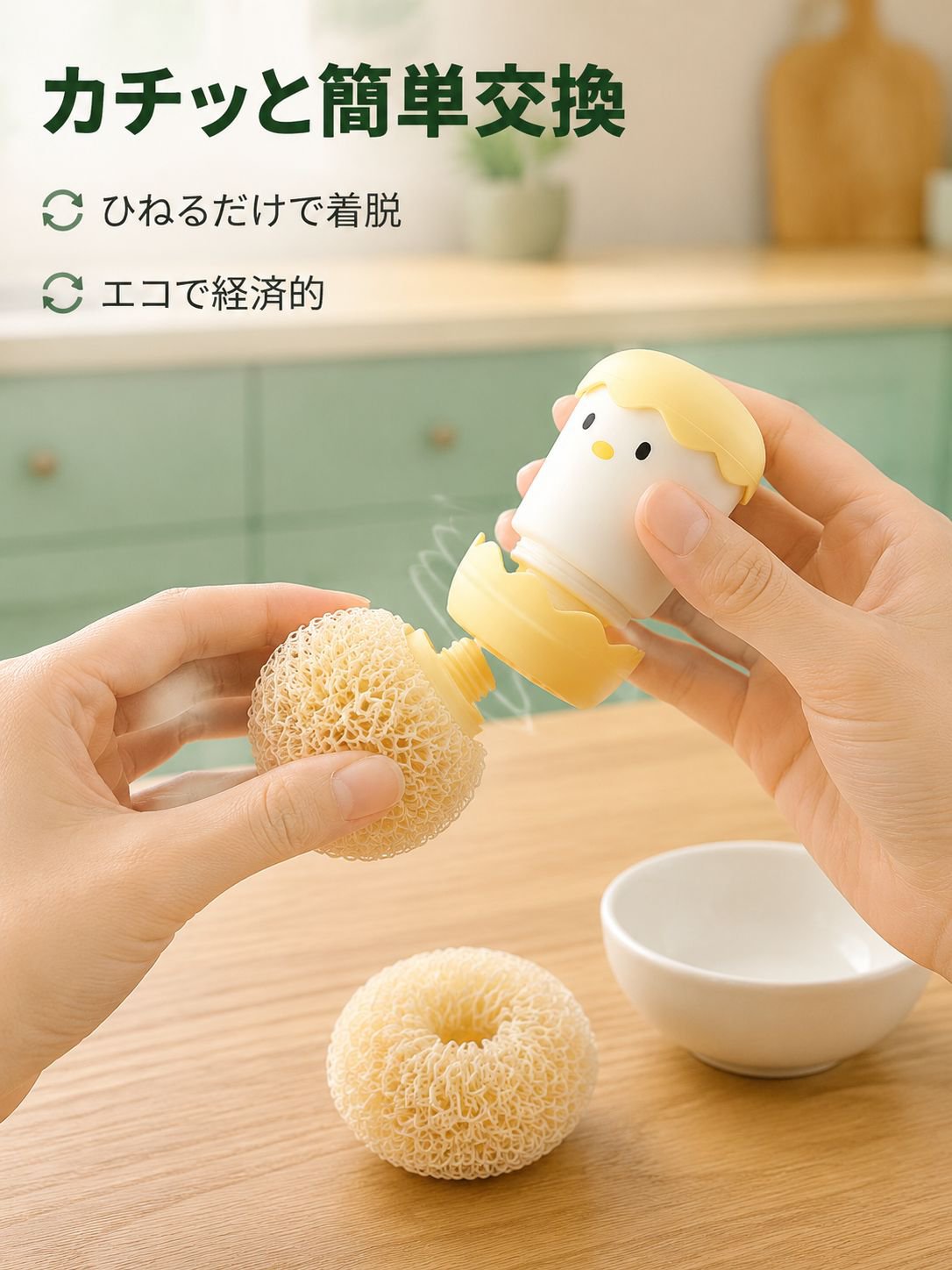 持ち手が付いているステンレスたわしのアップ