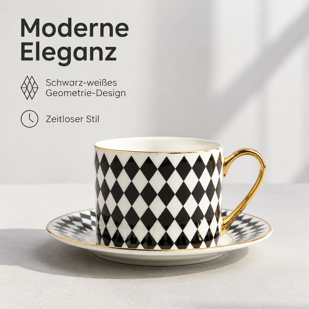 Knochenporzellan-Kaffeetassen- und Untertassen-Set mit schwarz-weiss geometrischem Design