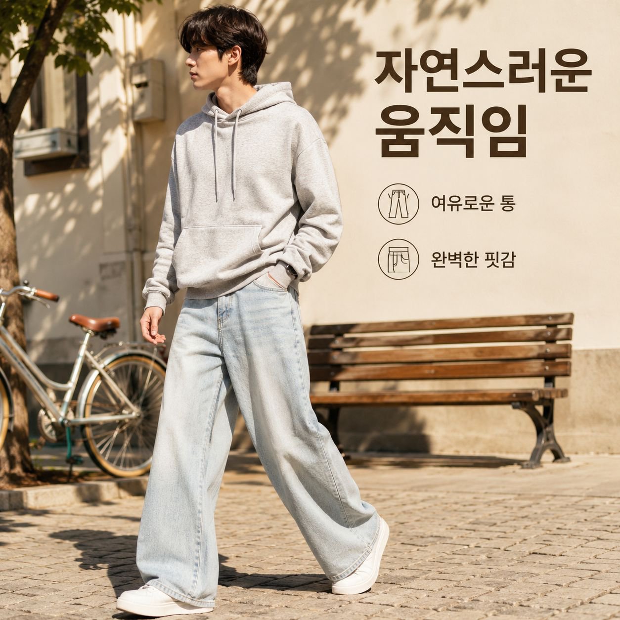 남자 화이트 스트리트 와이드 데님 워싱 팬츠