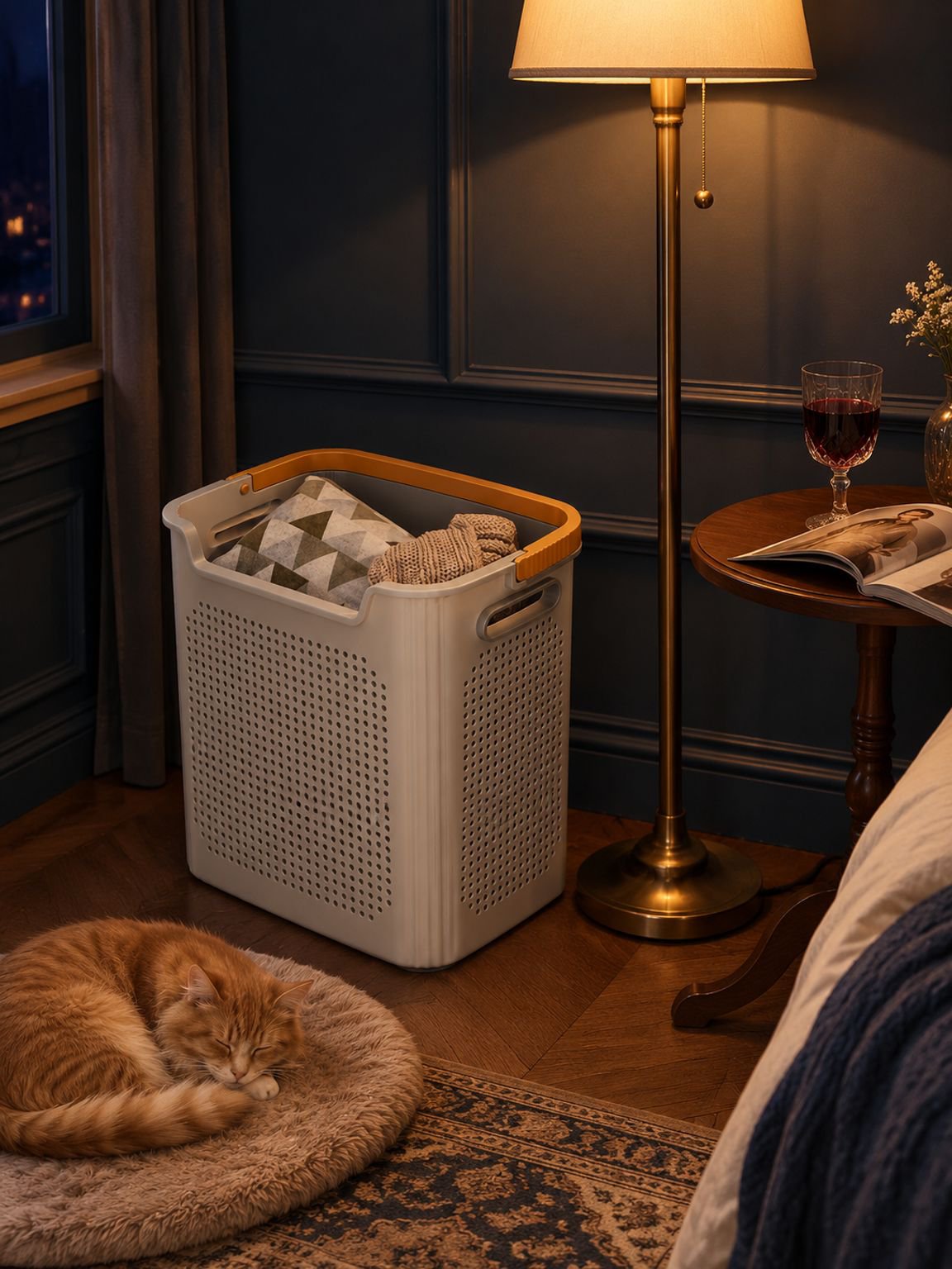 Corbeille à linge pratique et design en blanc crème dans une chambre