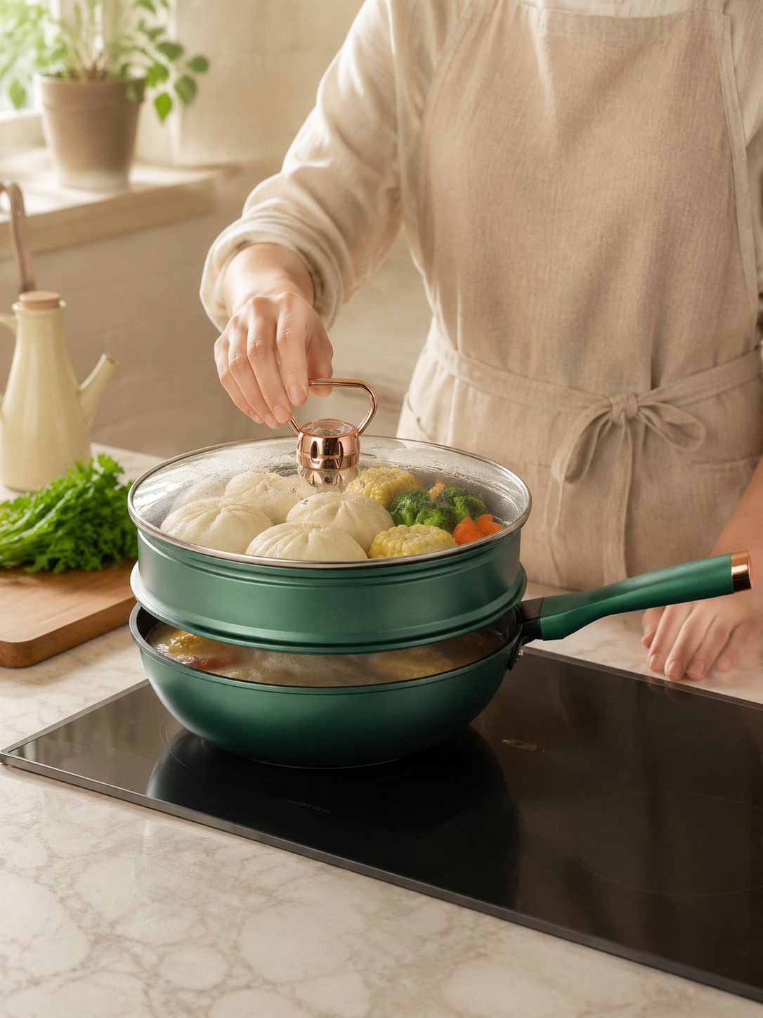 Close-up of Maifan stone coated frying pan surface