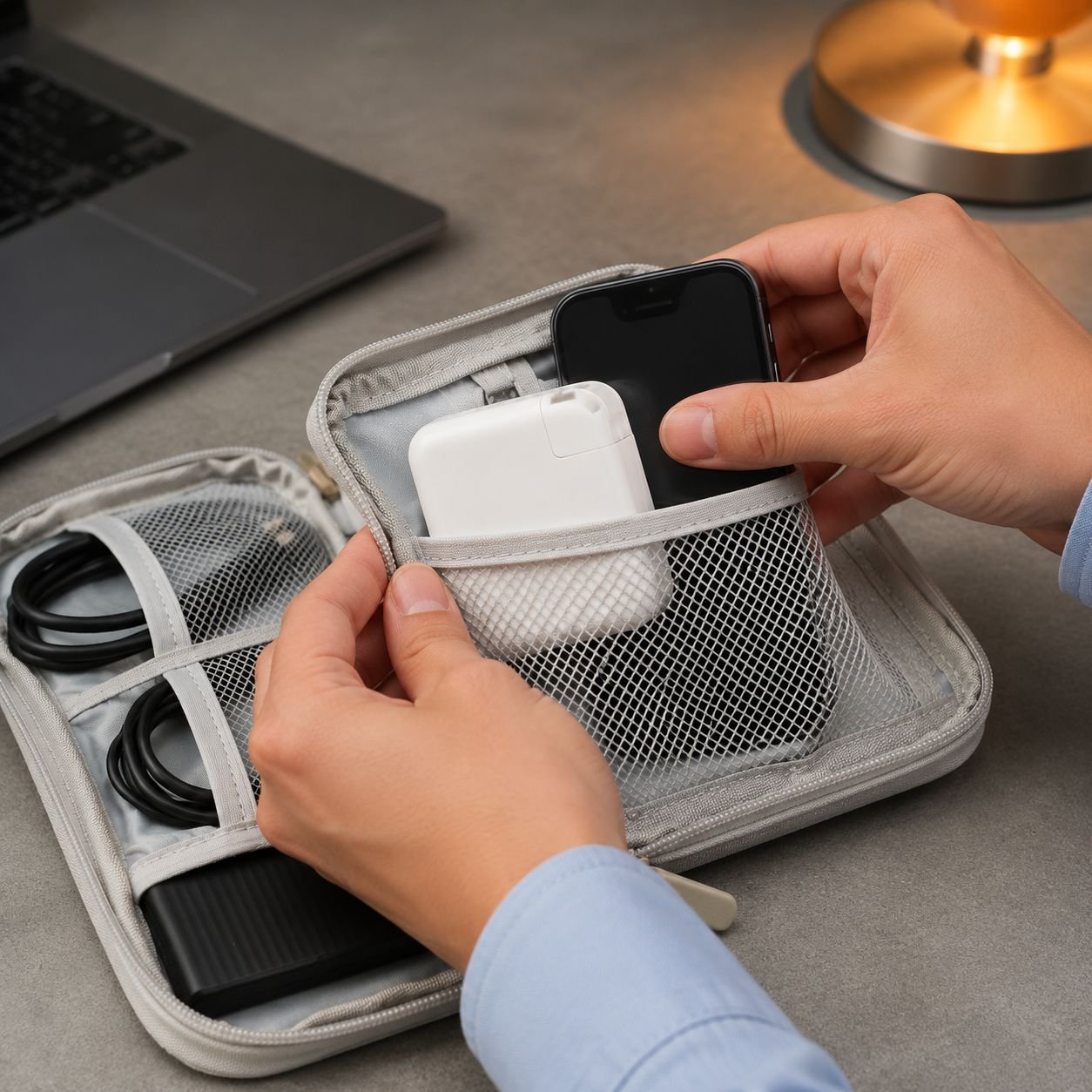 Compact and lightweight electronics organizer for backpacks