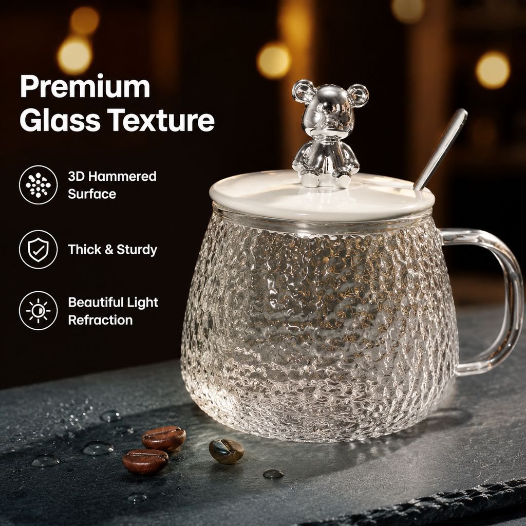 Glass Bear Mug with Lid, Large Belly