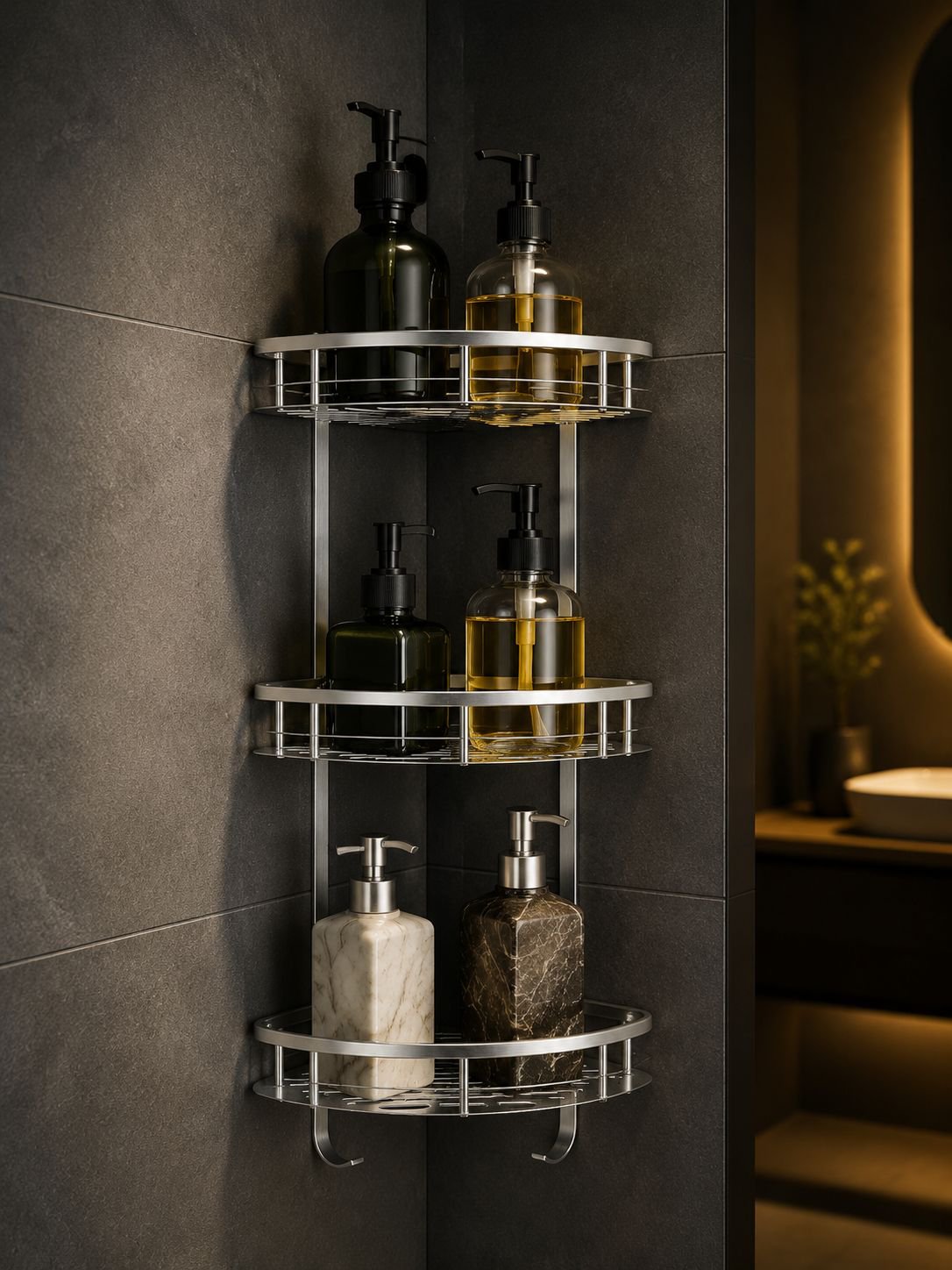 Étagère d’angle de salle de bain à trois niveaux en aluminium sans perçage