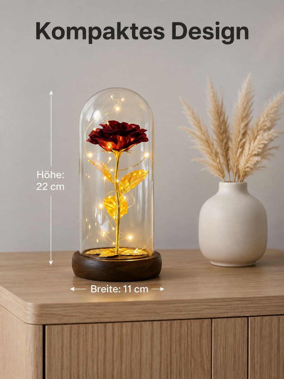 Geschenkidee: Künstliche Rose mit Goldfolie unter Glas