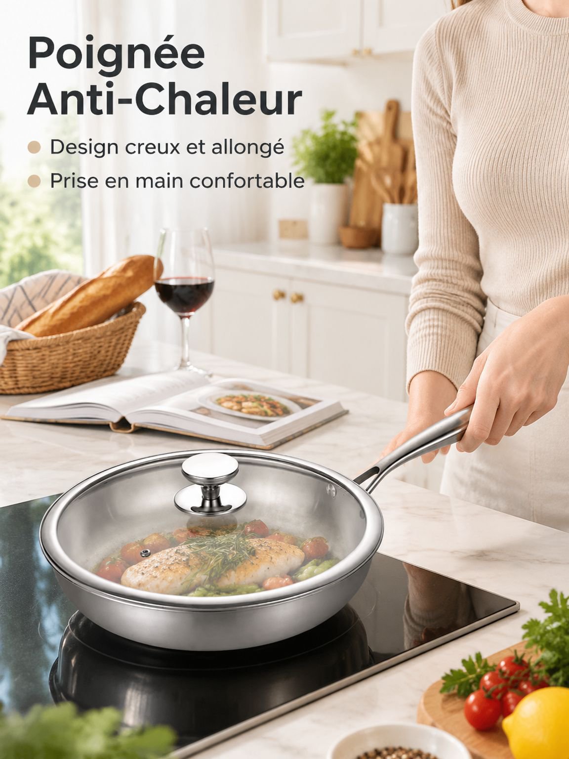 Vue de profil de la poêle épaisse en acier inoxydable 316