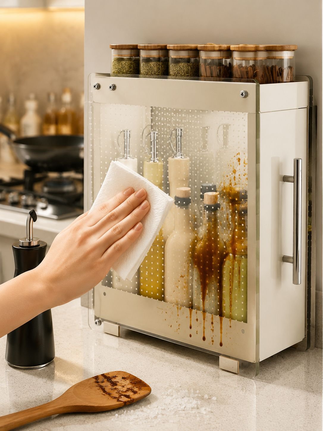 Estante compacto de especias optimizando el espacio en la cocina