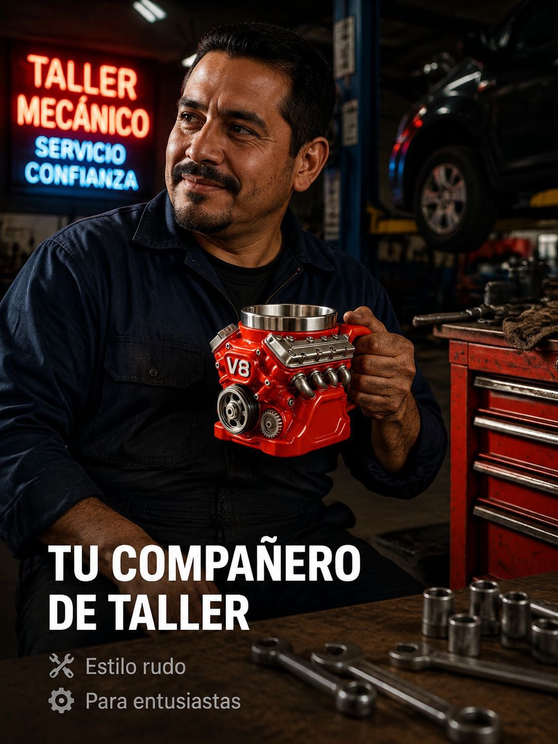Taza decorativa con diseño de motor V8