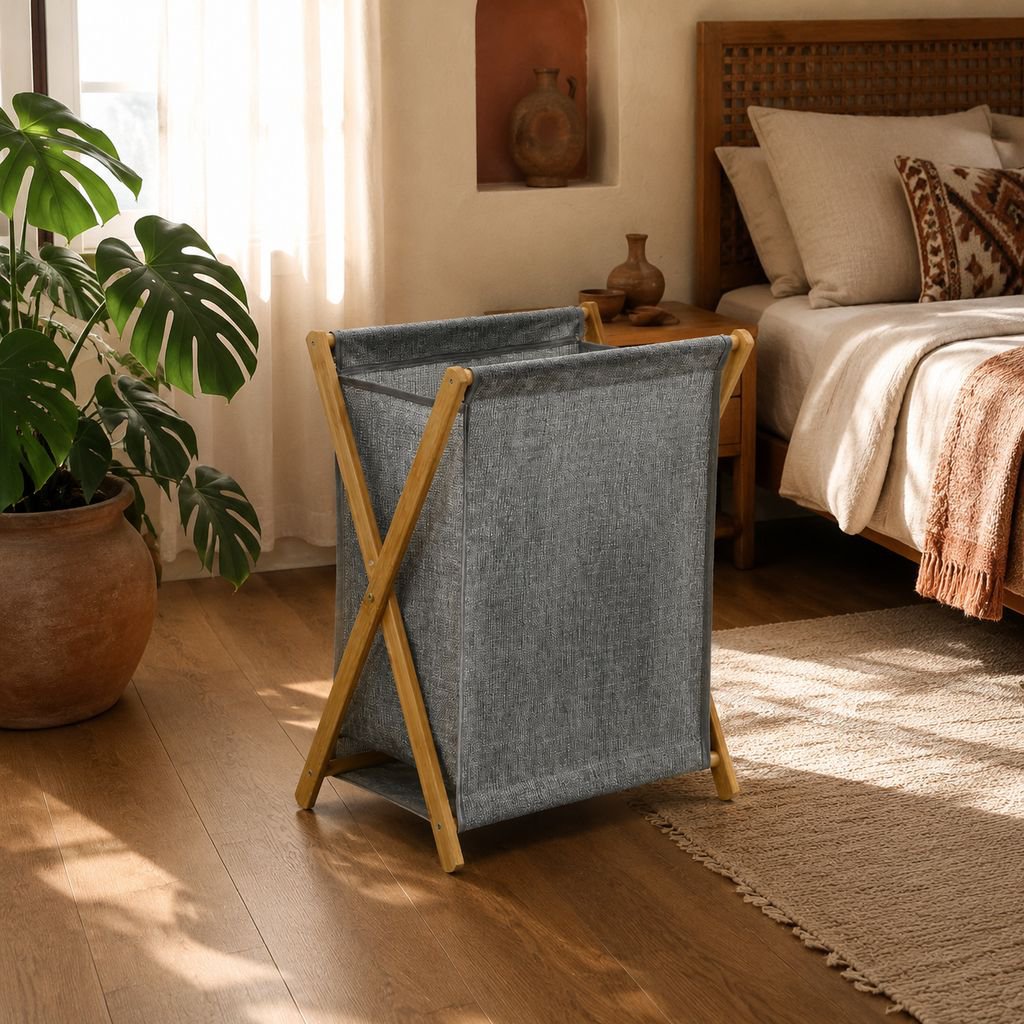 Cesta de ropa plegable de bambú y PVC ecológico para el hogar