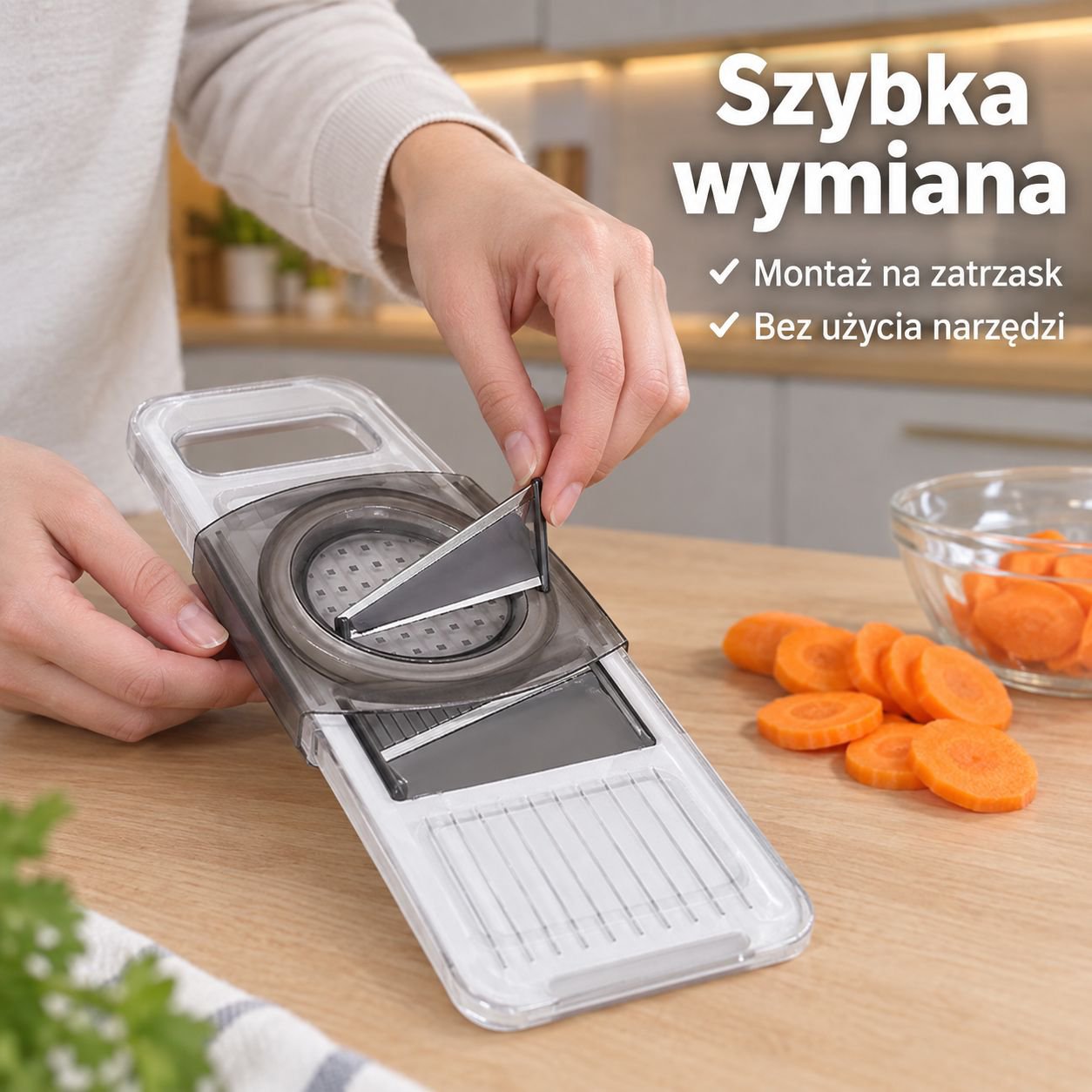 Wielofunkcyjna, przezroczysta krajalnica i szatkownica do warzyw